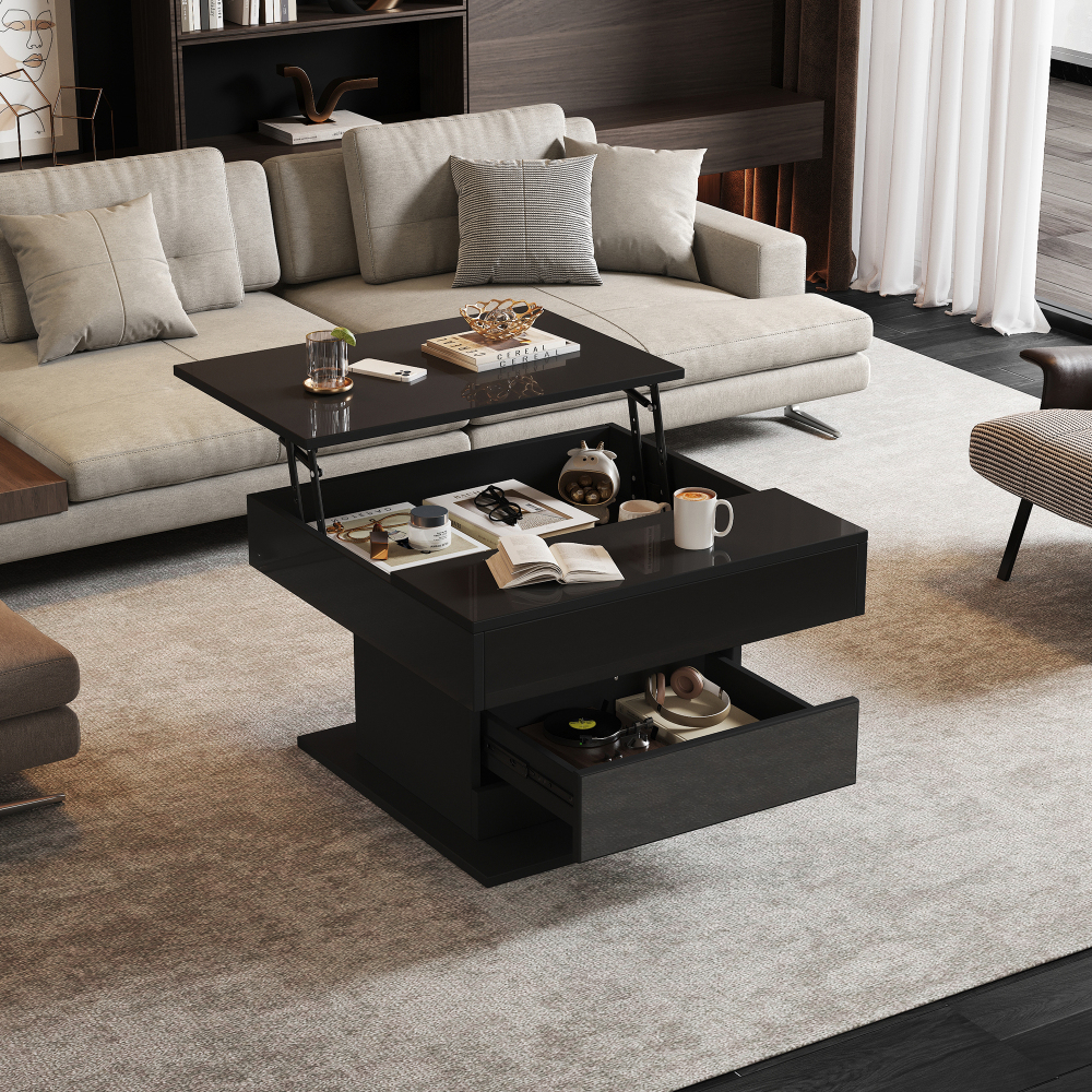 Mesa de centro elevable giratoria con 1 cajón negro brillo 45x70x70cm