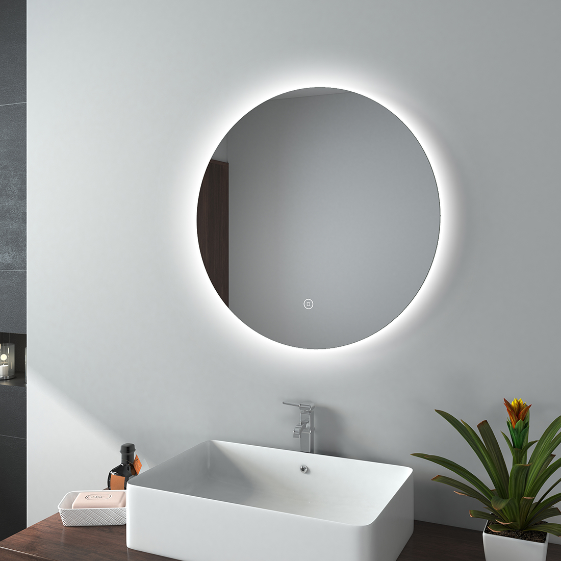Emke espejo baño LED redondo 60cm, 3 tonos de luz, táctil, regulable