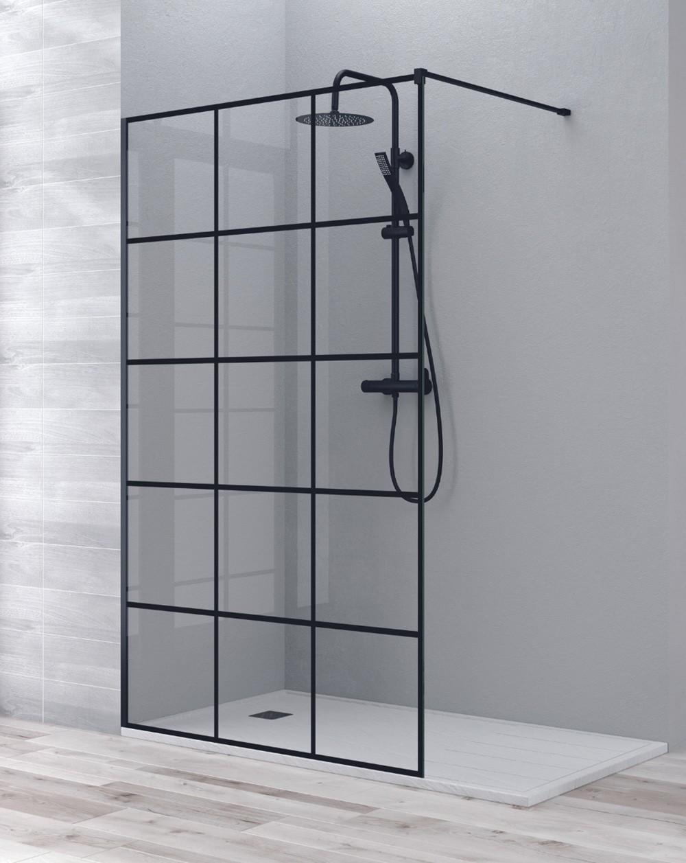 Mampara ducha fijo walk in | panel cuadrícula negra 80cm negro