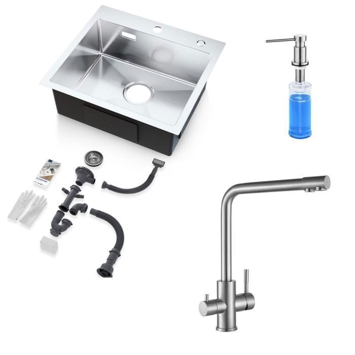 Fregadero de cocina acero inoxidable cepillado 50×45cm, mezclador de cocina