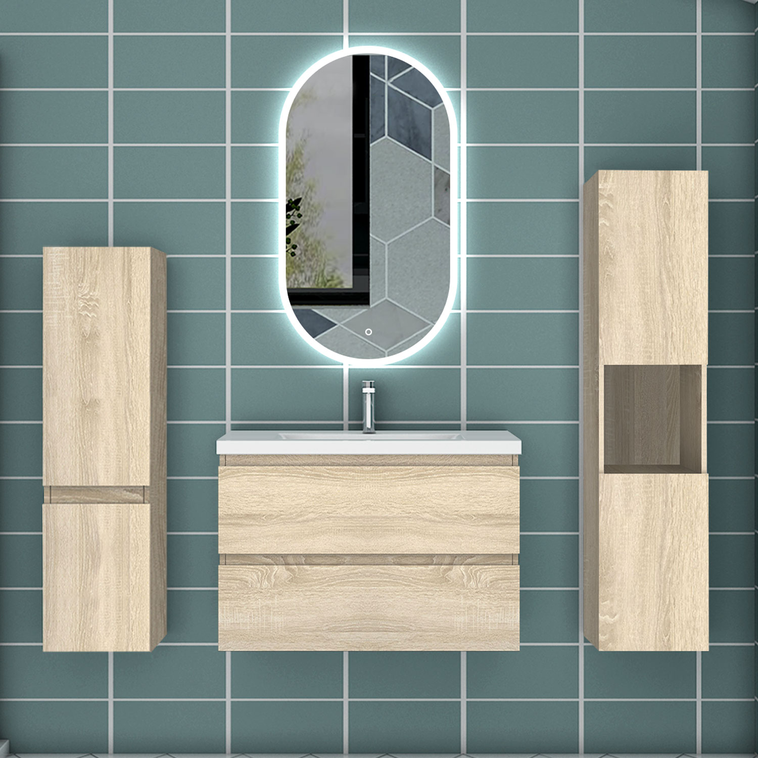 Mueble de baño aica 79×44,5cm,roble con espejo y armario lateral