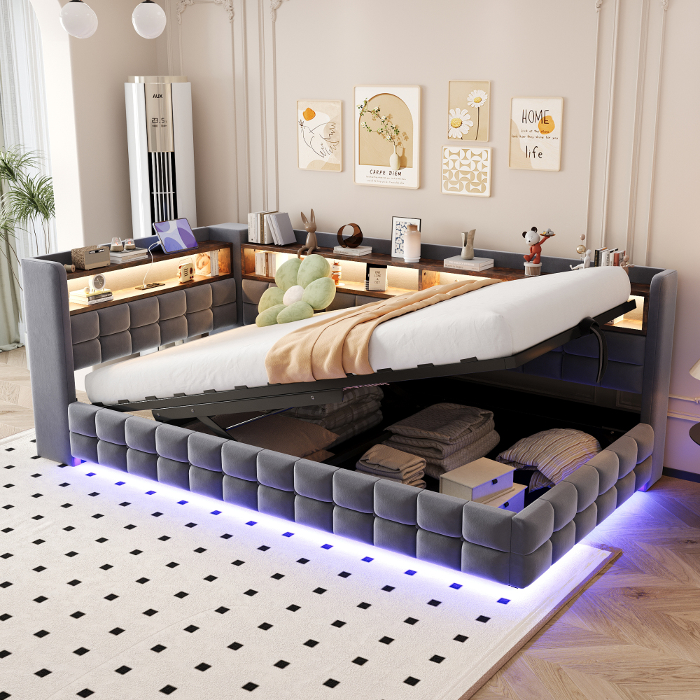 Sofá cama 90x200cm con canapé hidráulico LED y usb terciopelo gris oscuro