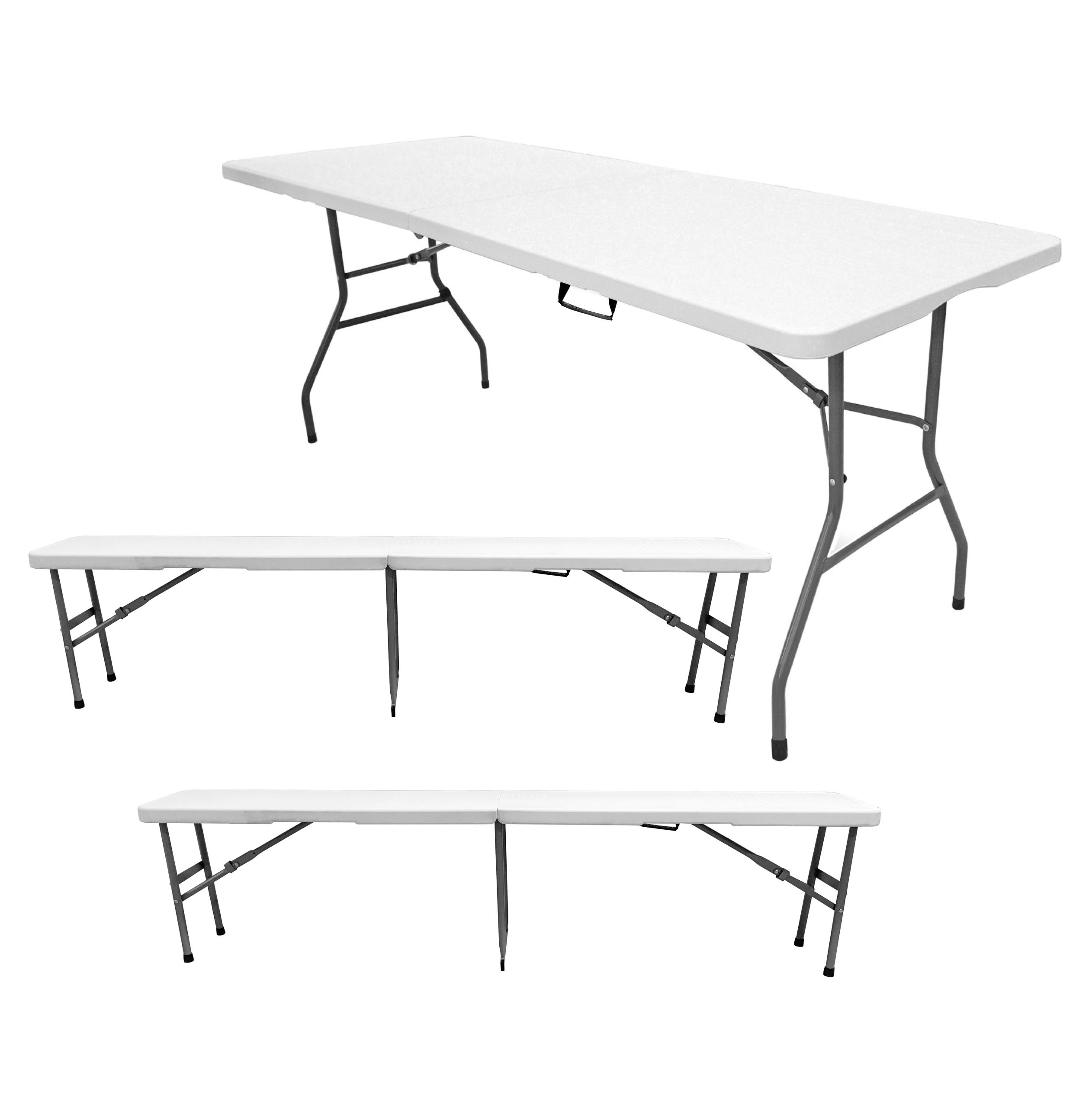 Pack 1 Mesa Plegable con 2 Bancos 180cm Portátiles THW Blanco