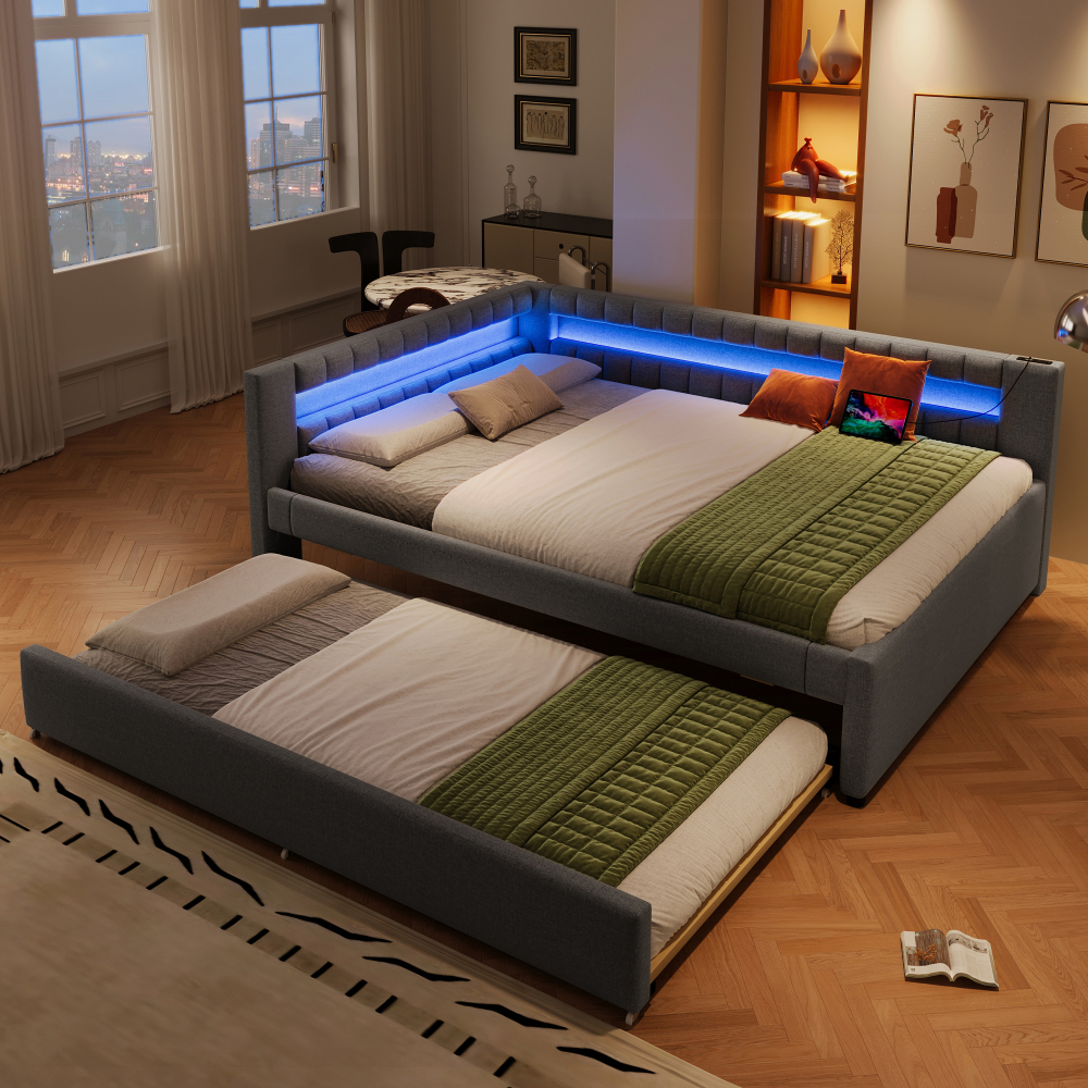 Cama nido 140x200cm con LED y usb lino y mdf – gris