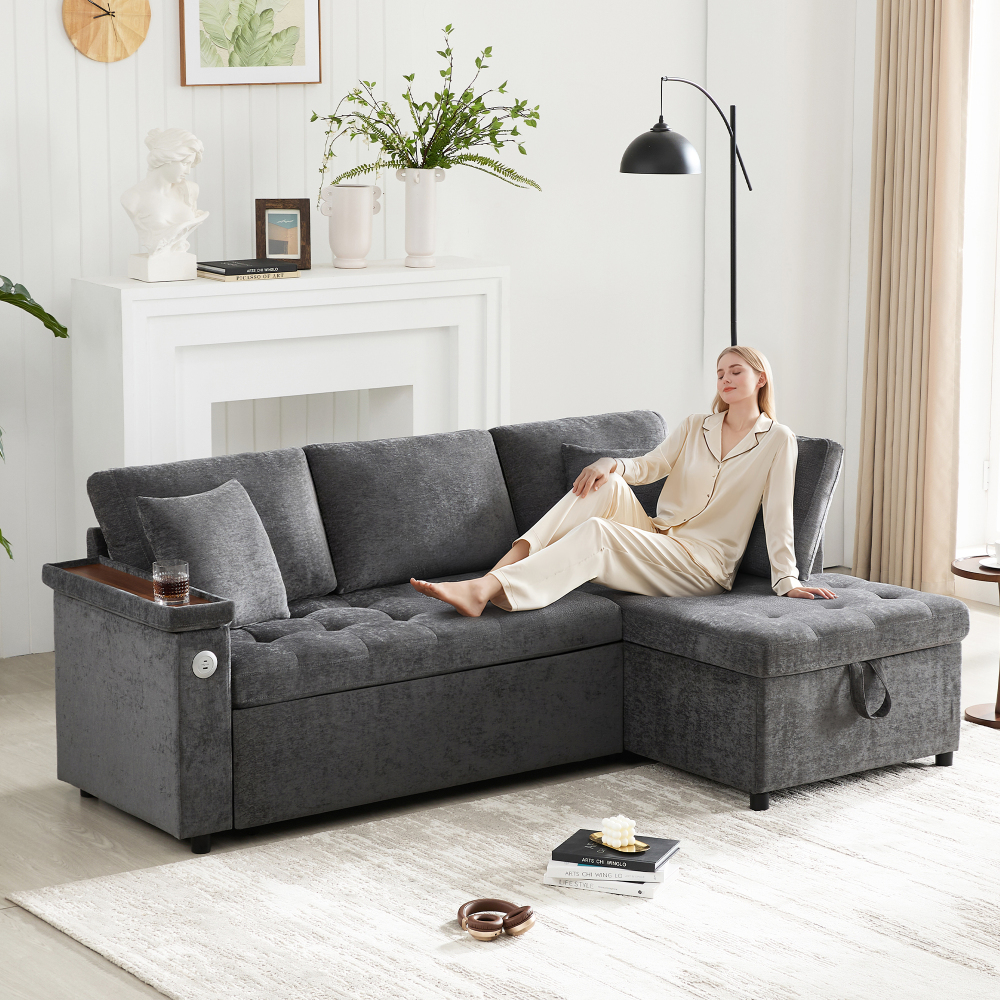 Sofá cama l chenilla gris oscuro 3-4 plazas almacenaje usb portavasos