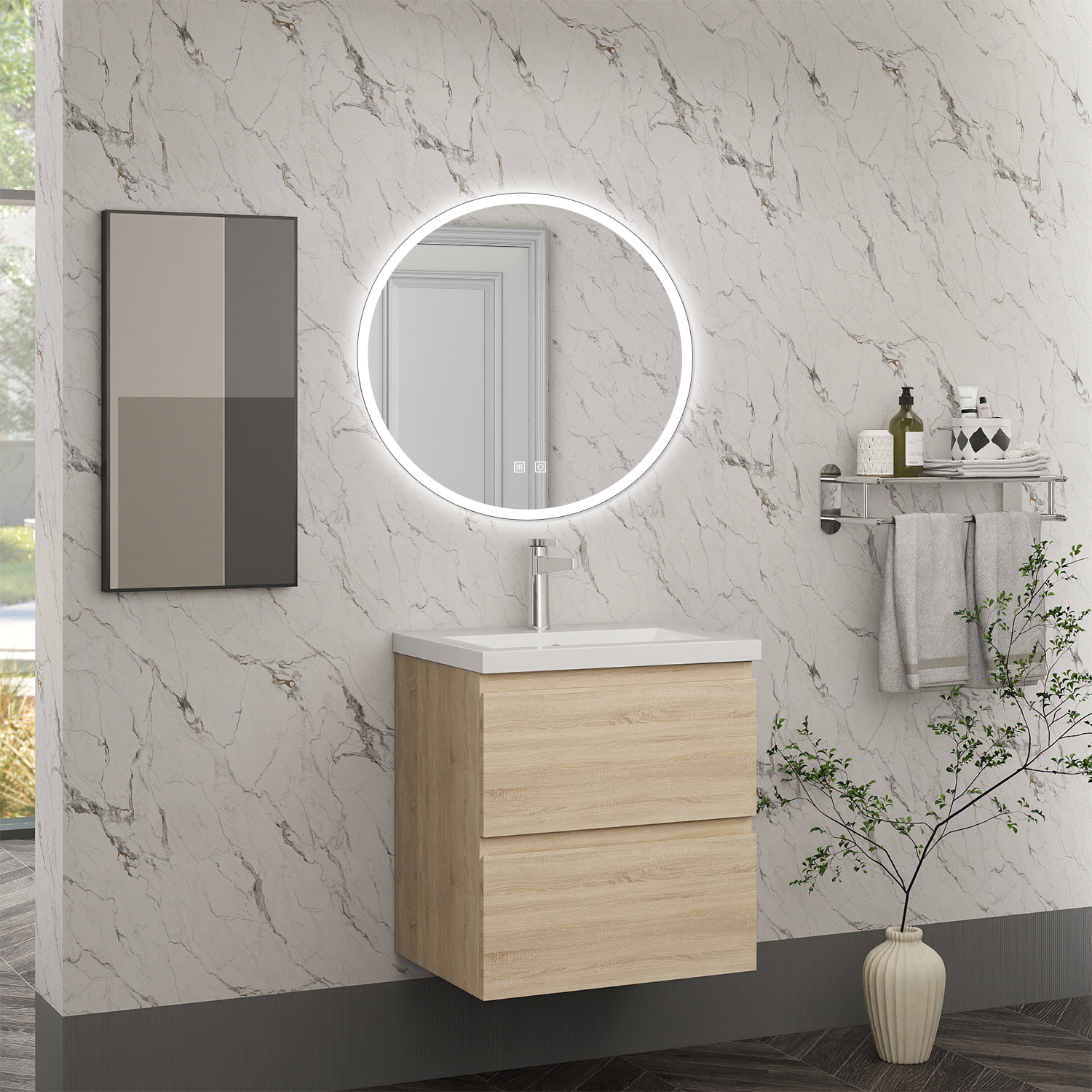 Aica mueble roble de baño con espejo,mueble 50x38.5x52cm,espejo 60cm.