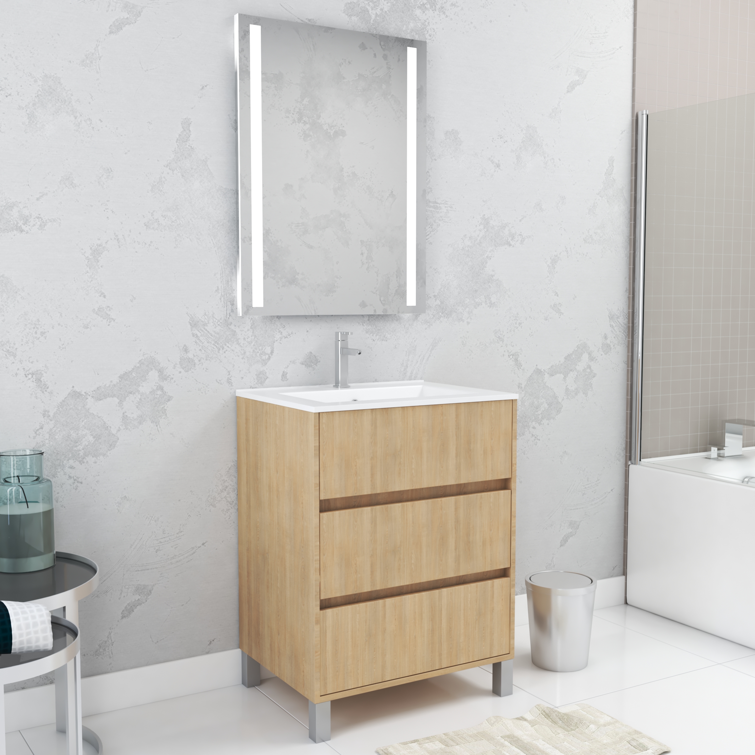 Mueble baño 60cm roble 3 cajones + lavabo + espejo + LED intégré
