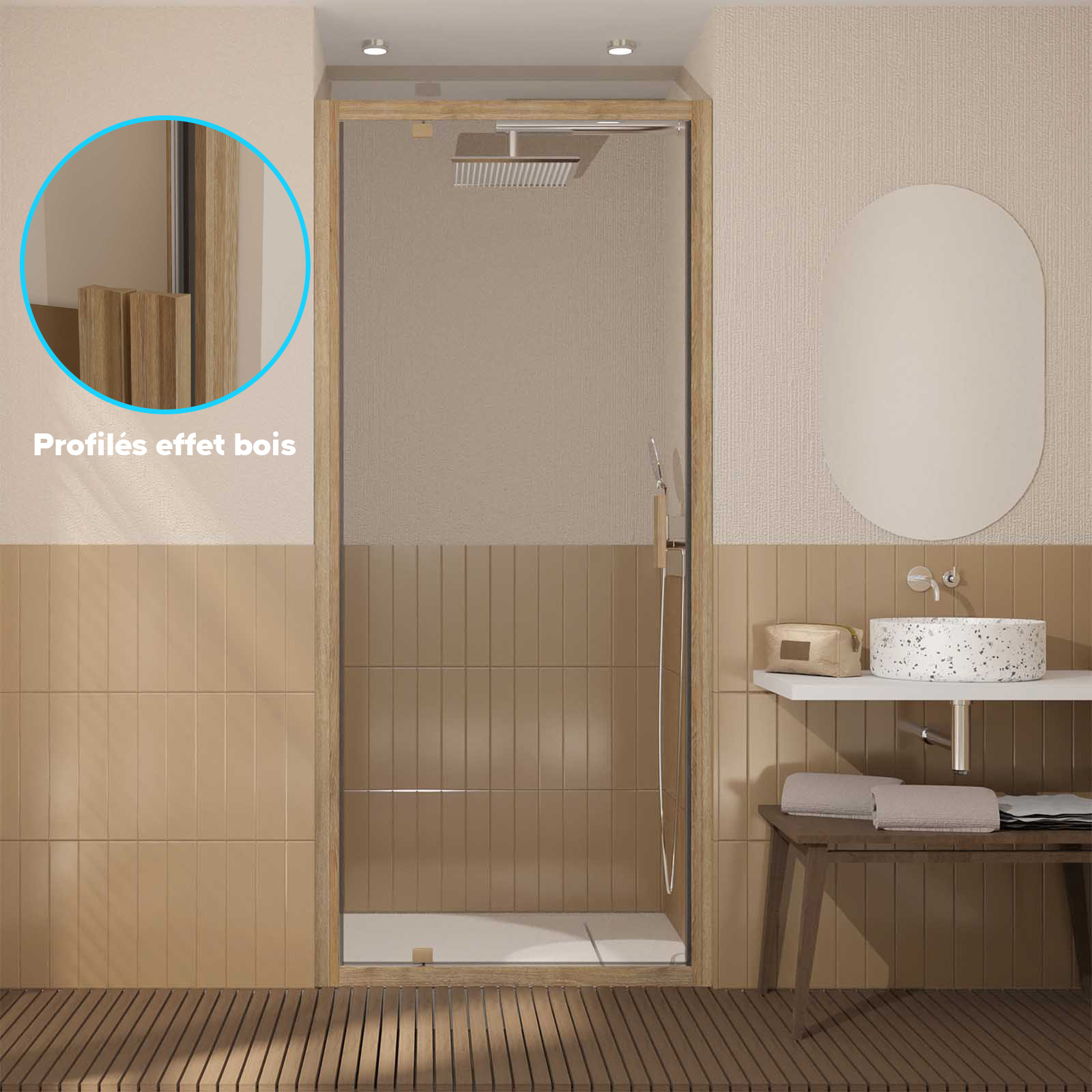 Puerta de ducha abatible 90x200cm - perfiles aluminio madera - vidrio 6mm