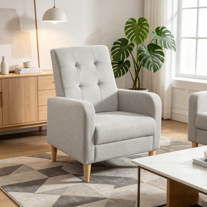 Sillón individual lino gris claro con respaldo alto y reposabrazos