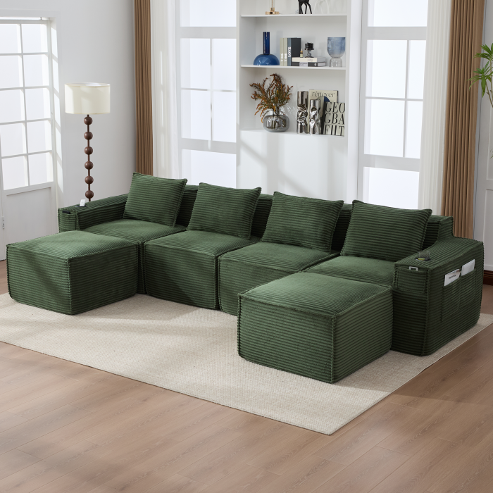 Sofá modular 4 plazas pana verde con 2 pufs y bolsillos laterales