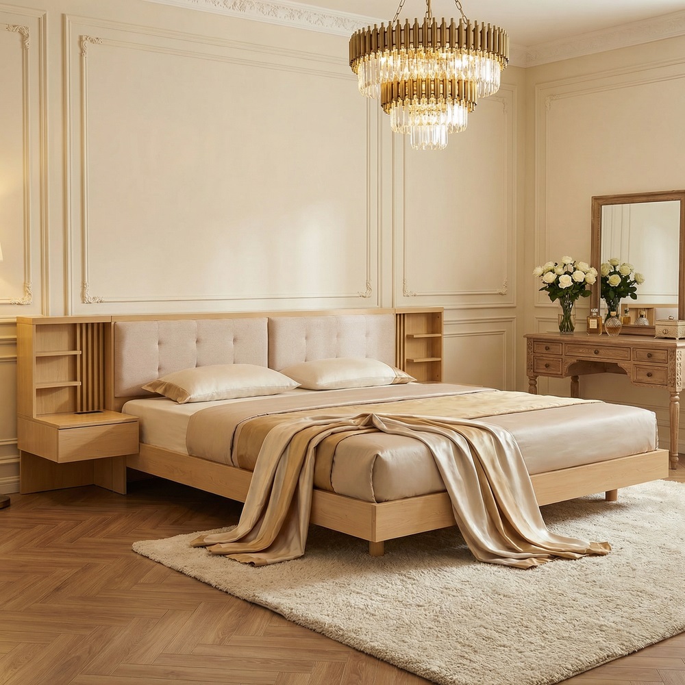Cama flotante 180x200cm con almacenaje, usb, cajones y estantes