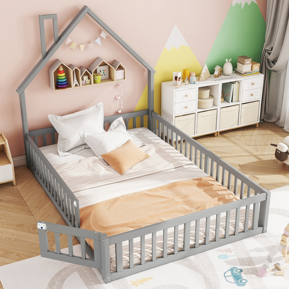 Cama casita infantil 140x190cm con barandilla y somier, pino y mdf – gris