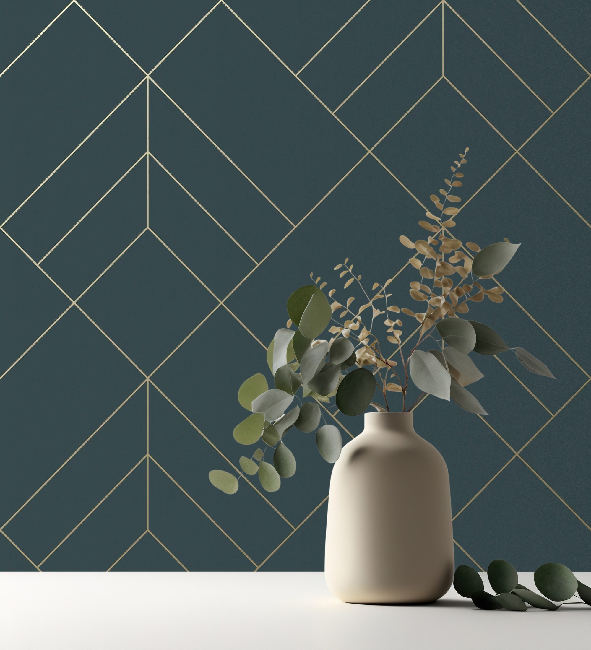 Papel pintado gaulan geométrico de rombos con líneas doradas azul 5.23m²