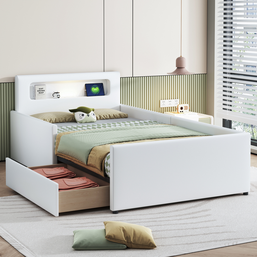 Cama tapizada 90x200cm con LED y usb polipiel – blanco