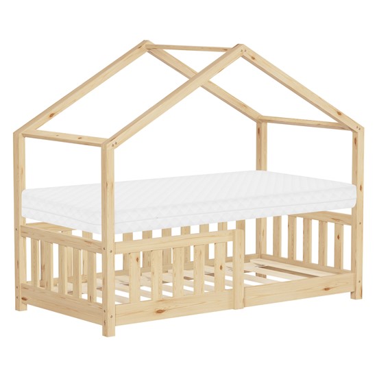 Cama infantil casa de madera natural maciza pino 70x140cm con colchón