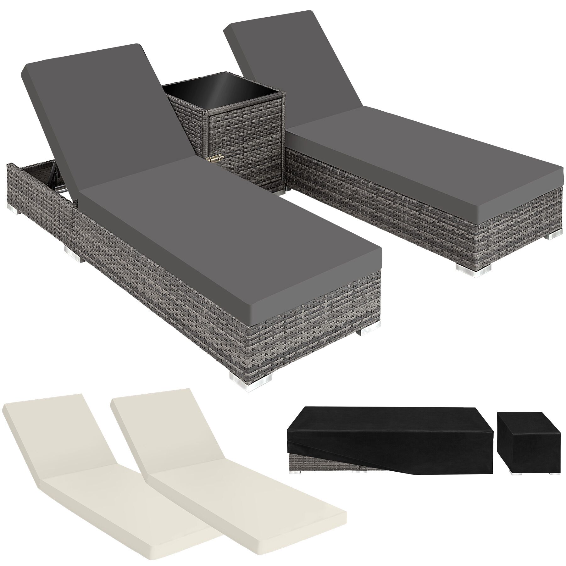 Tectake 2 tumbonas de aluminio y polirratán ajustables y mesa auxiliar