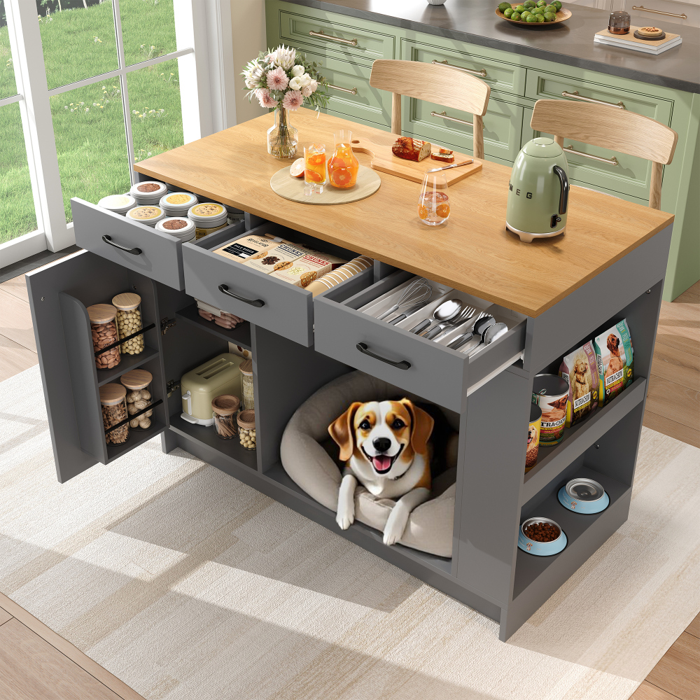 Isla de cocina con 3 cajones y zona para mascotas gris natural 90x120x60cm