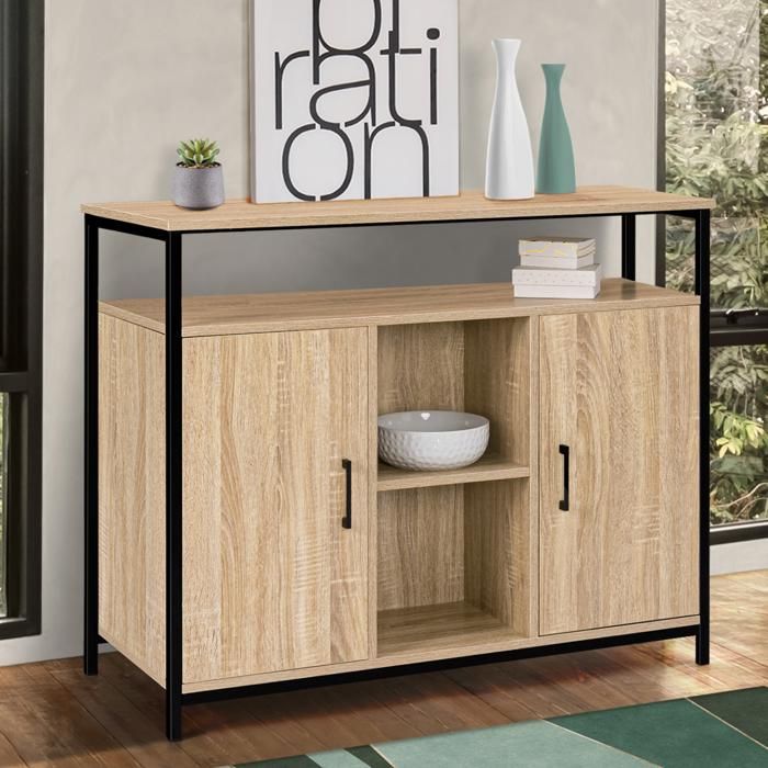 Aparador industrial de madera y metal negro, 2 puertas, 100 cm