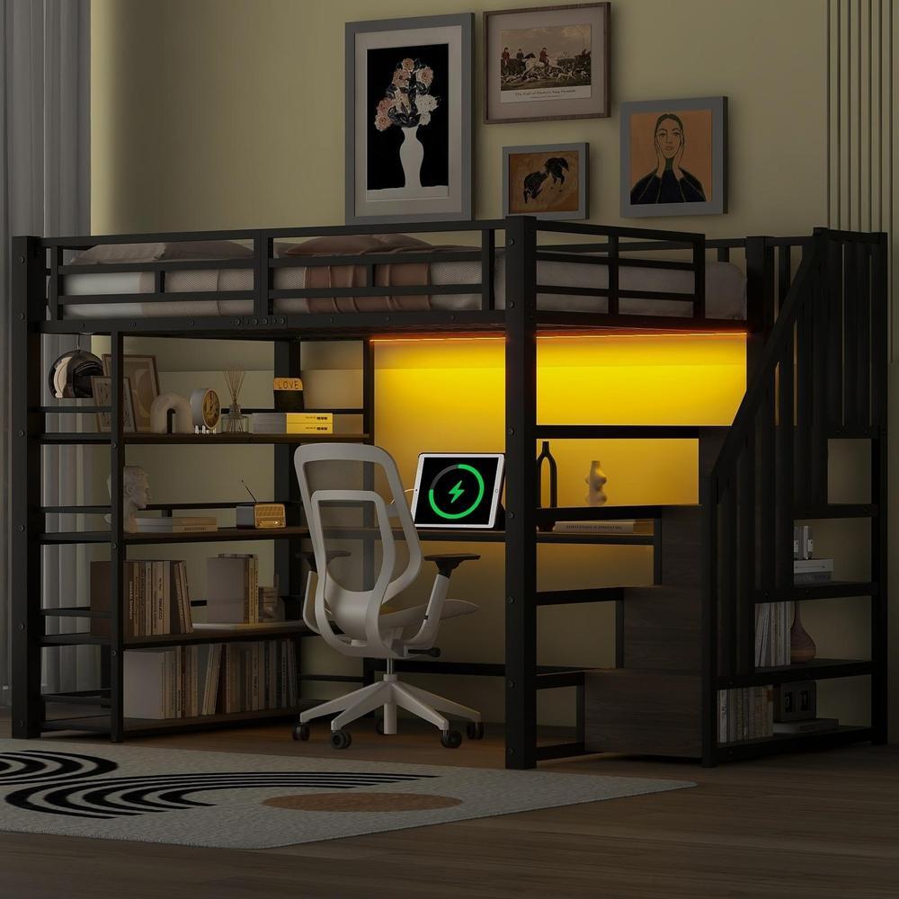 Cama altillo metálica 140x200cm con escritorio y estantes negro
