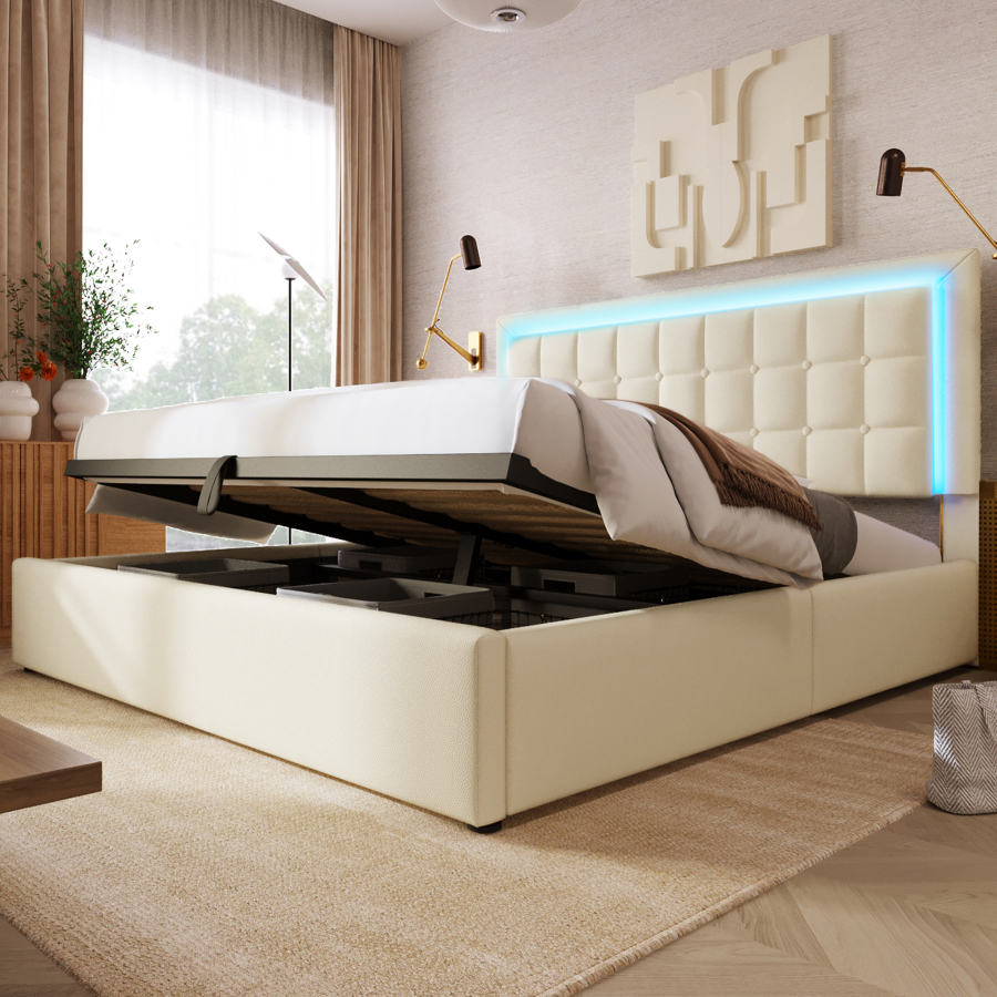 Cama tapizada 160x200 cm con almacenaje y LED piel sintética – blanco