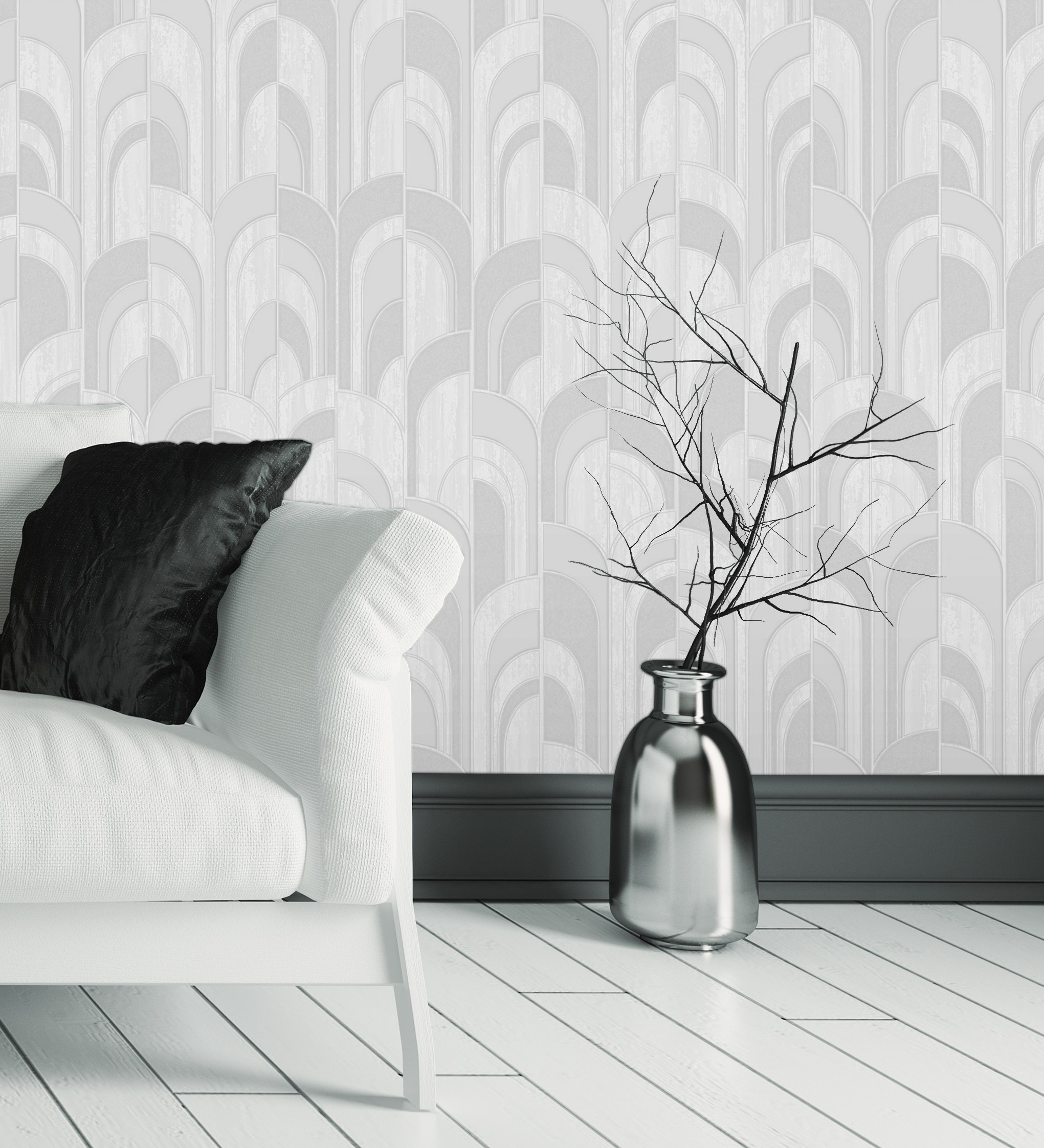 Papel pintado gaulan de arcos art déco blanco con textura en 10.6m²