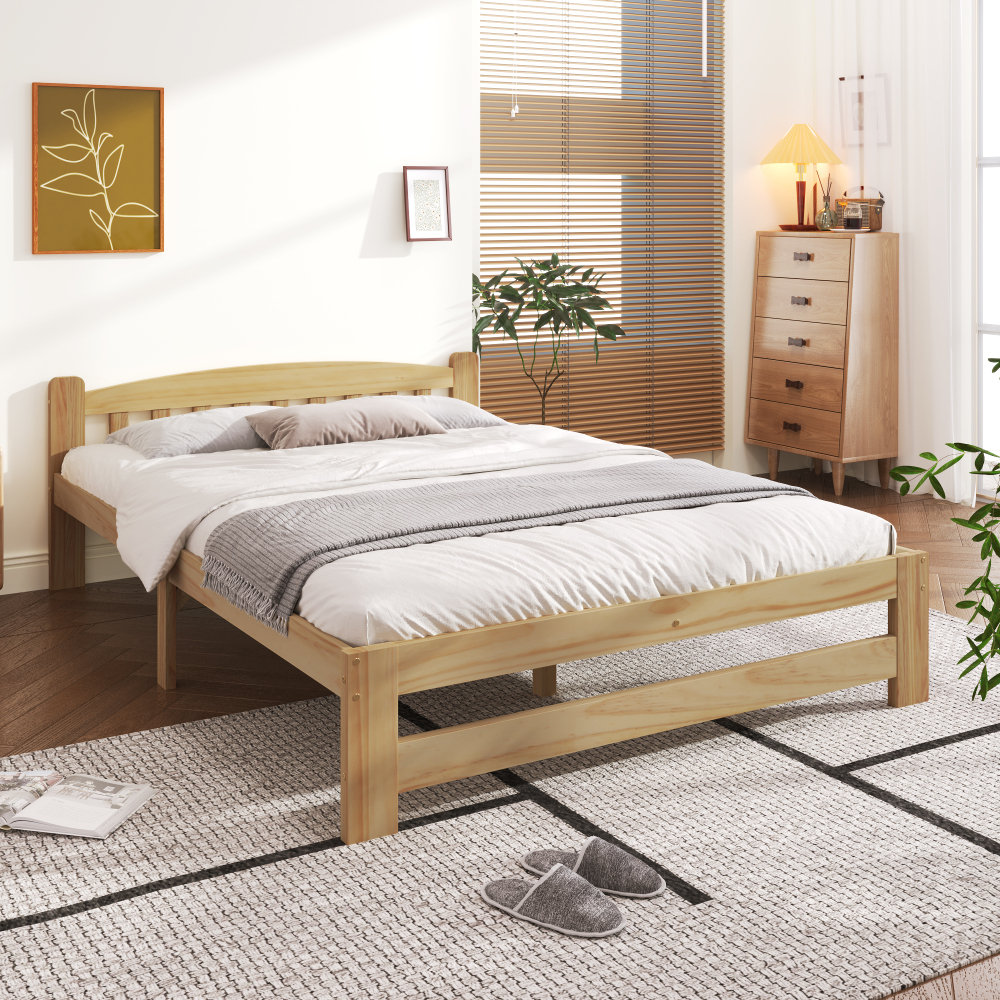 Cama doble 140x200cm con cabecero y 15 lamas madera maciza – natural