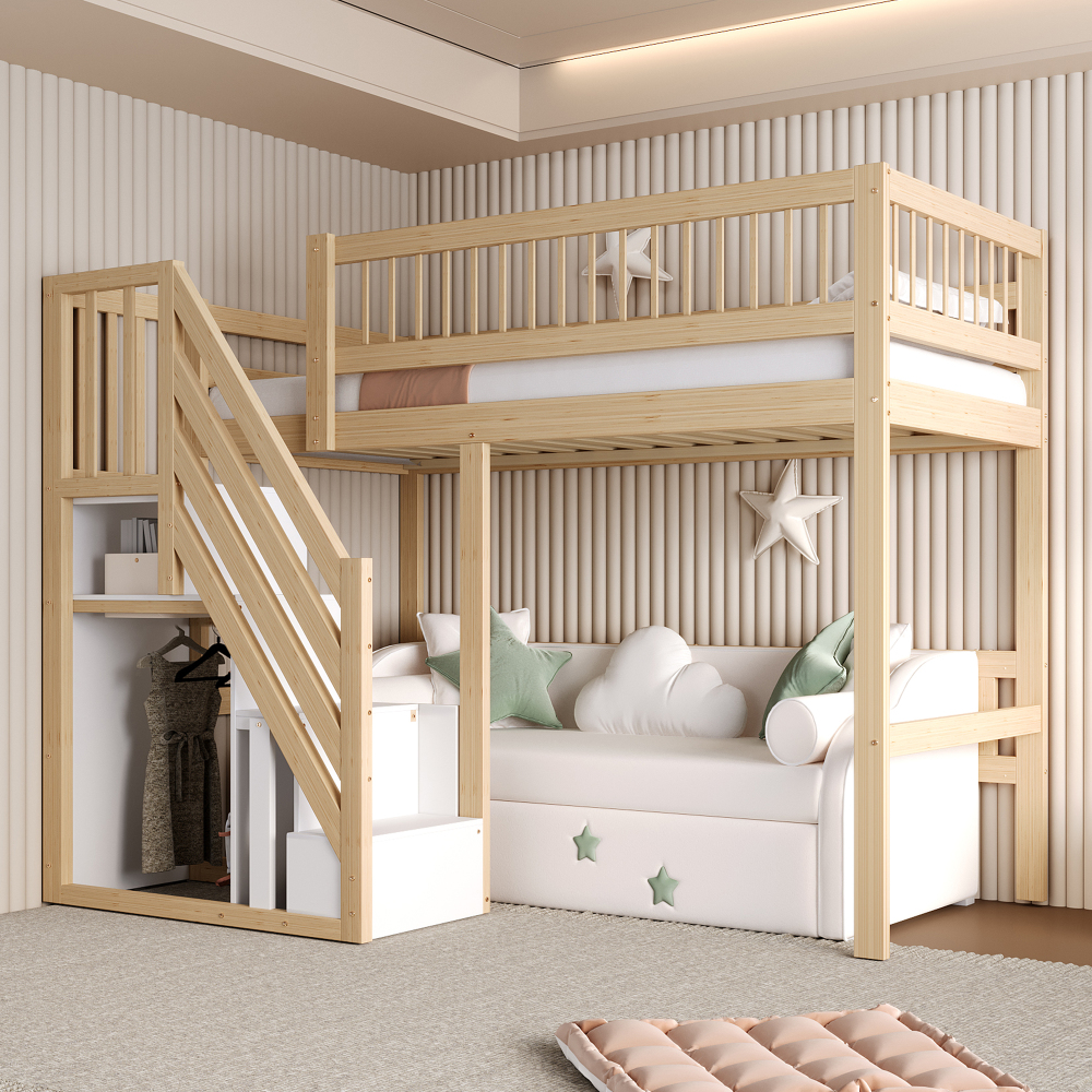 Cama de madera 90x200cm con escalera y almacenaje – natural