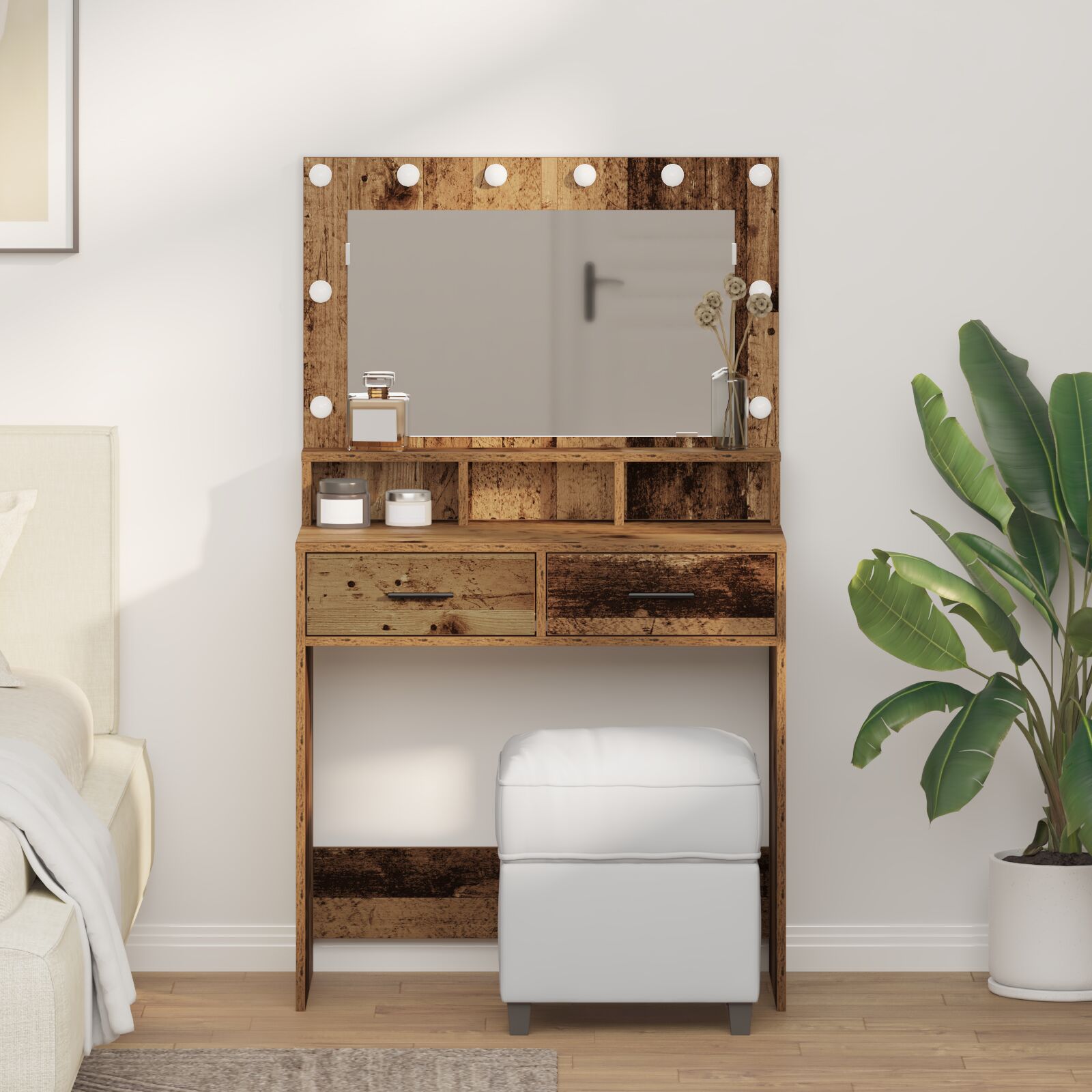 Mesita de tocador con luces LED de madera vieja 79x41x135 cm oif117927
