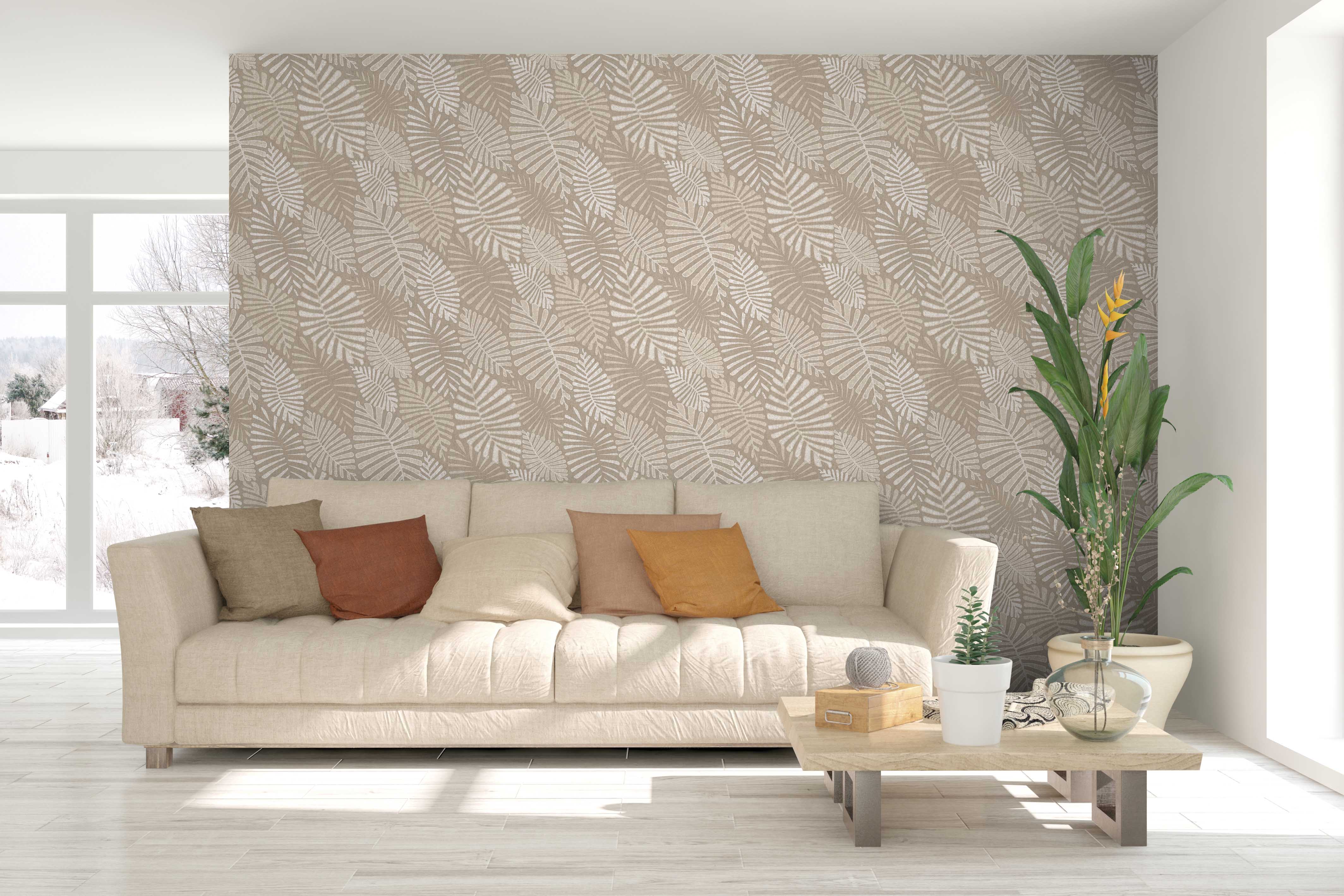 Papel pintado texturizado etnico tnt hojas multicolor beige
