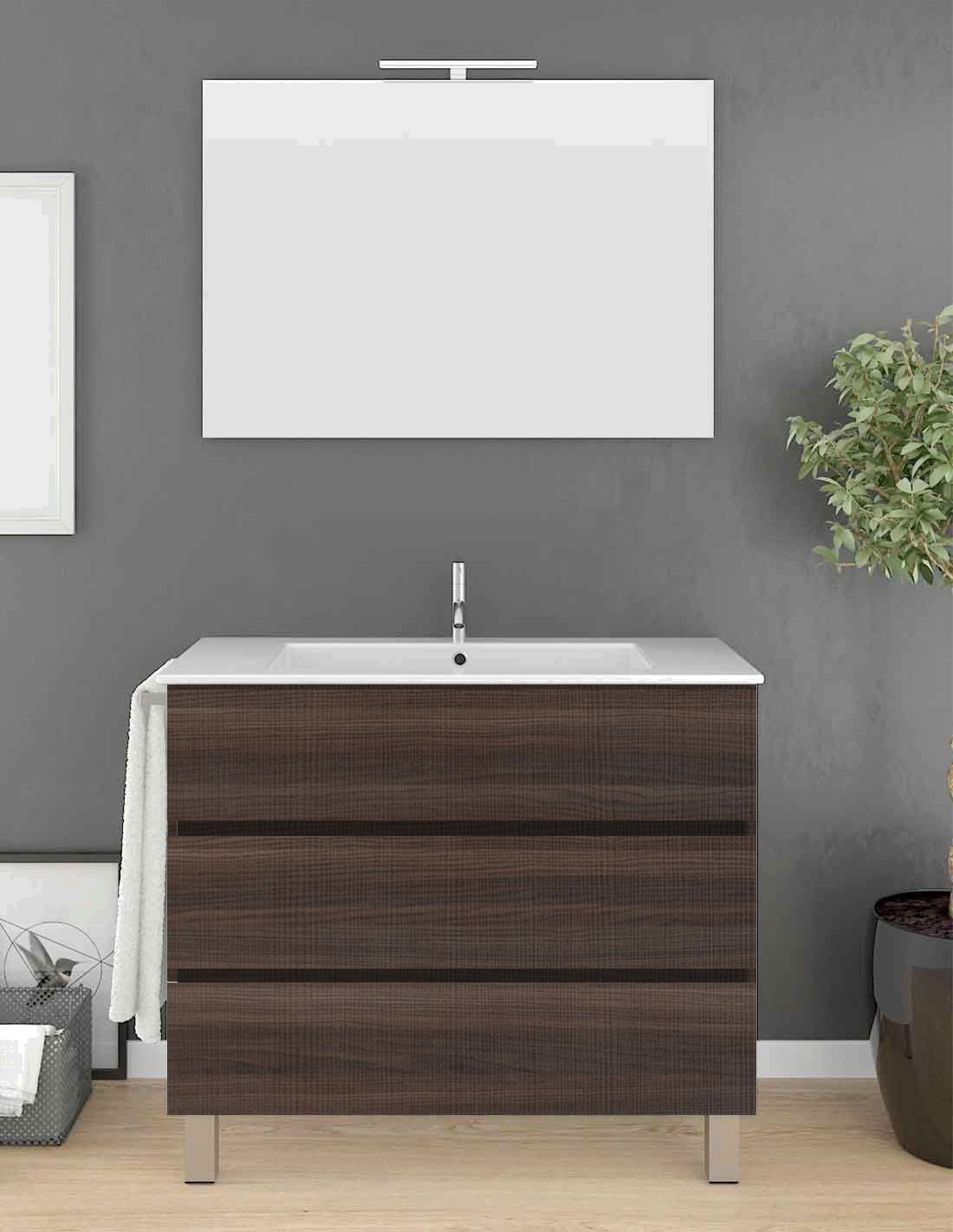 Mueble imperia 3 cajones, lavabo a izquierda y espejo fresno tea 90 x 45 cm