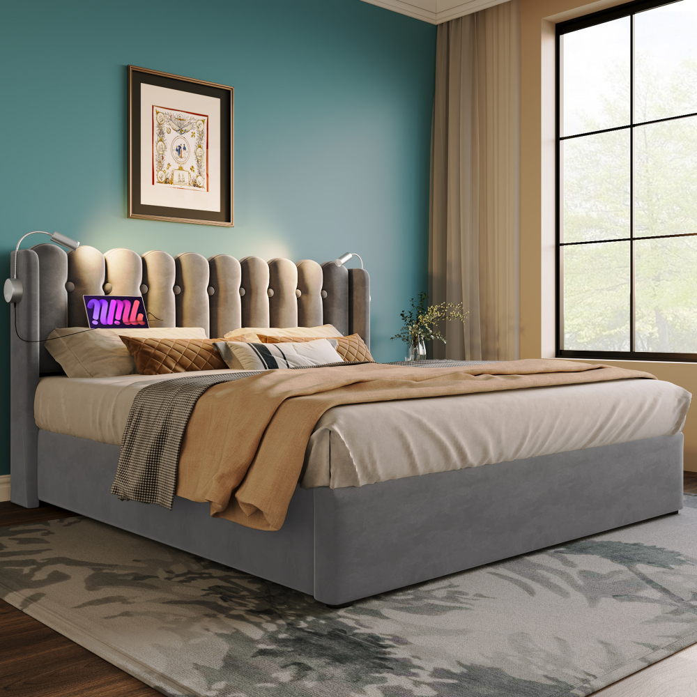 Cama tapizada 140x200cm con canapé, luz de lectura y usb terciopelo gris