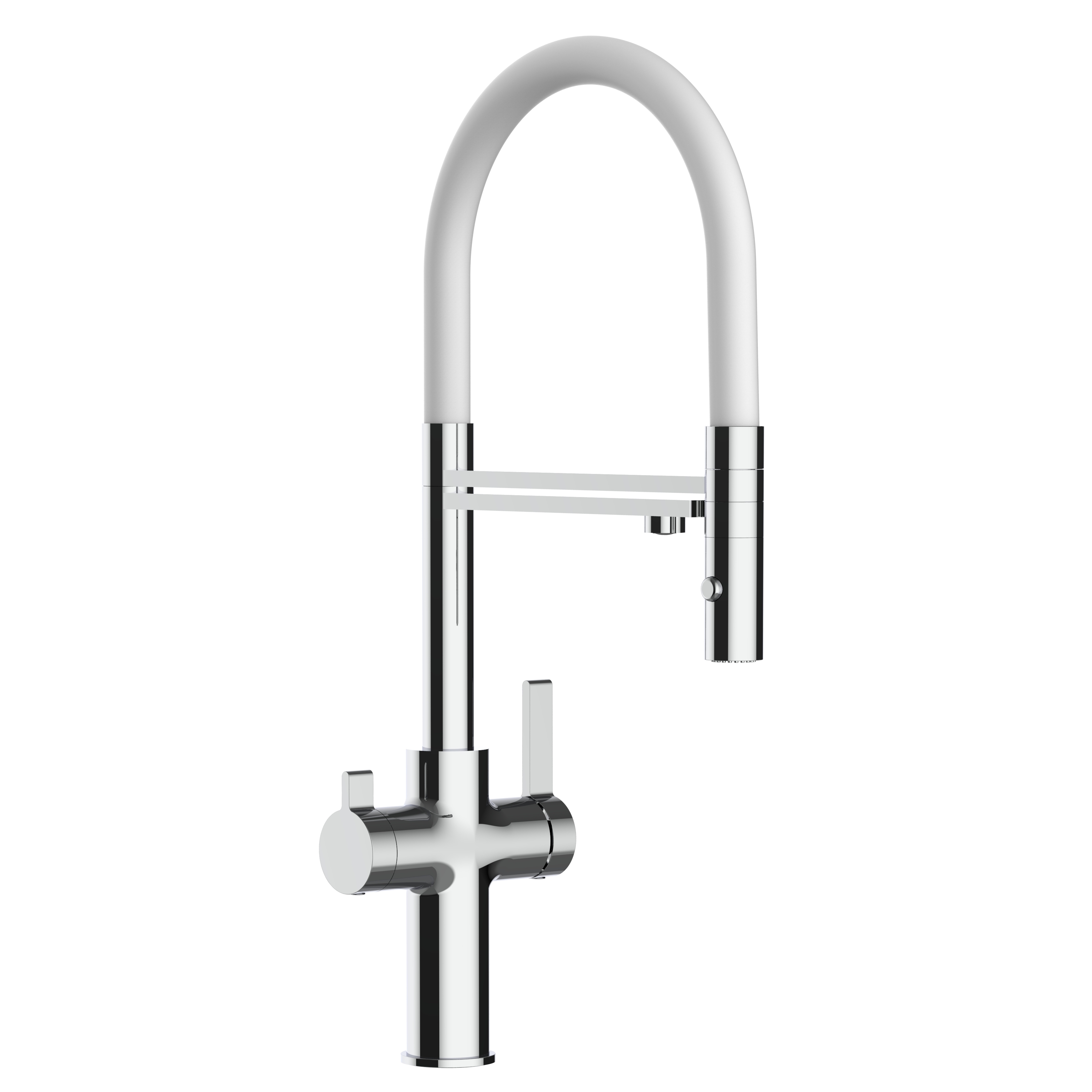 Grifo cocina 4 vías cromado caño giratorio blanco flexible ducha 2chorros