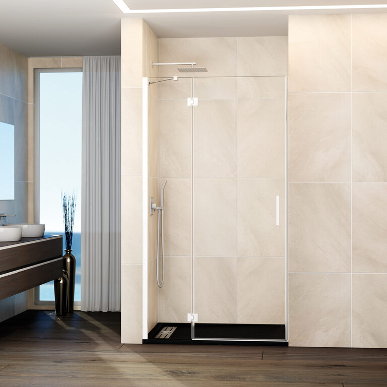 Mampara glass panel fijo + puerta abatible 127-130 cm (50+80) blanco