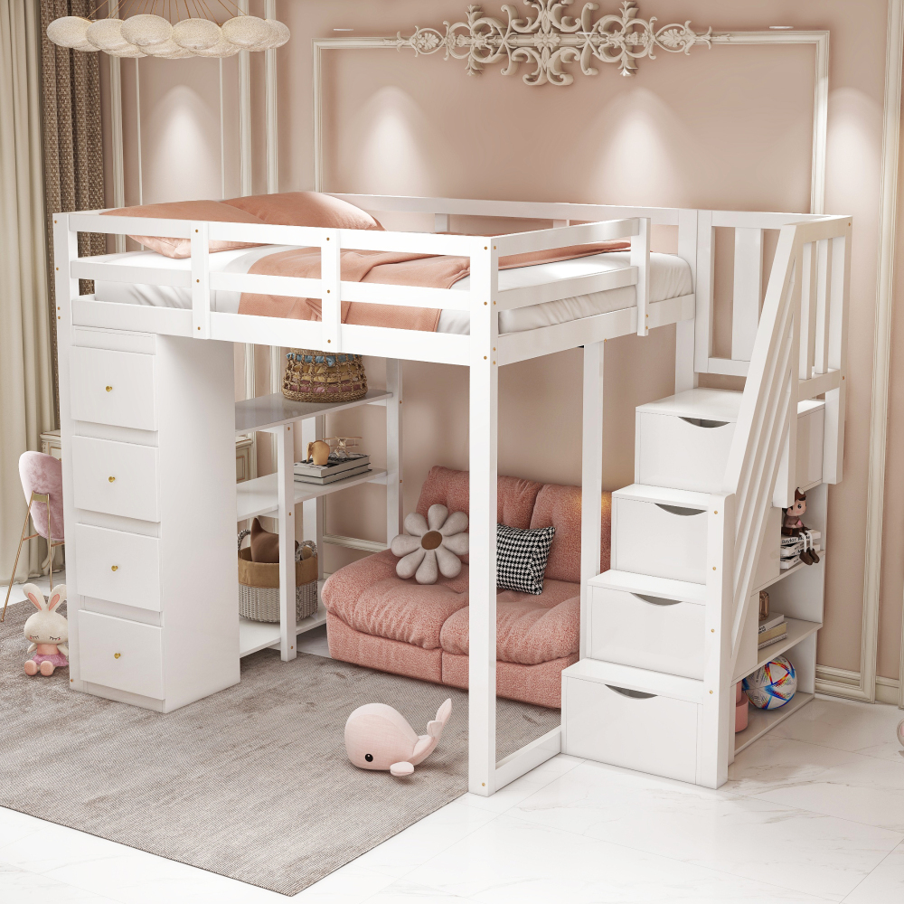 Cama alta 140x200cm con almacenaje y escalera de seguridad madera – blanco