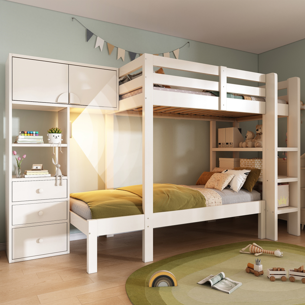 Litera 90x200 cm con luz nocturna, armario y estantes madera y mdf – blanco