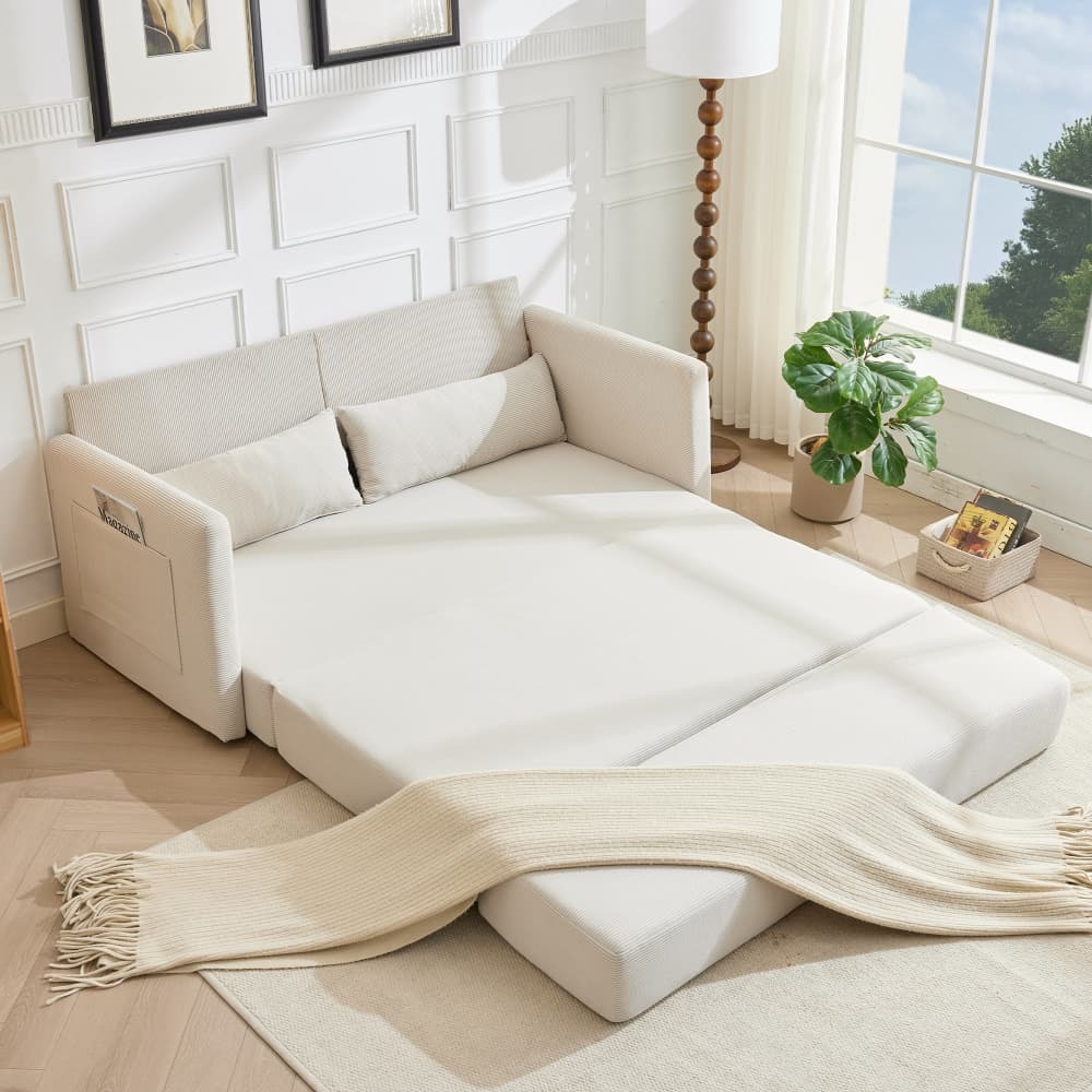 Sofá cama plegable 2 plazas pana beige con cojines y bolsillos