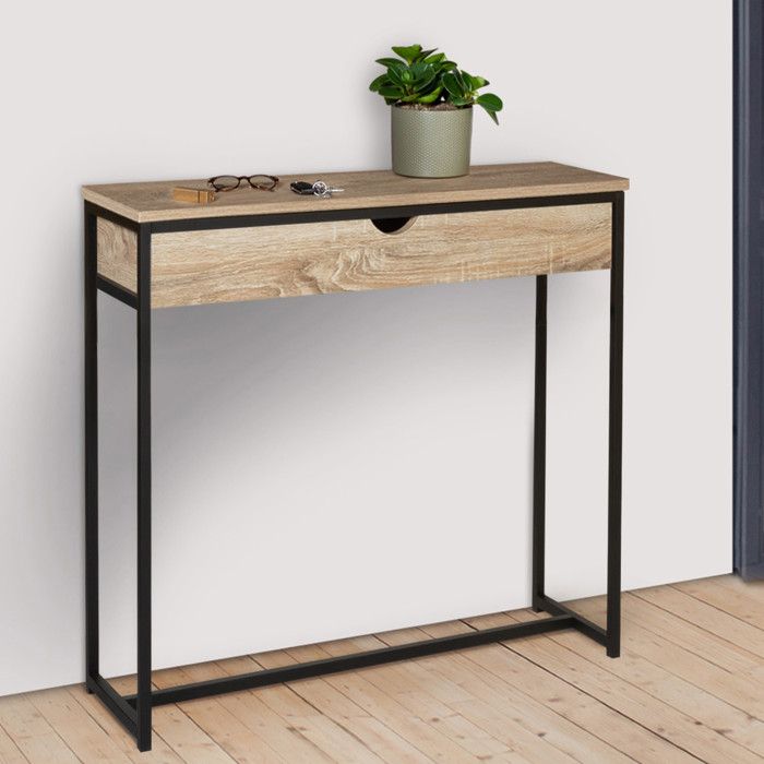 Consola industrial de metal y madera, 1 cajón, 90 cm