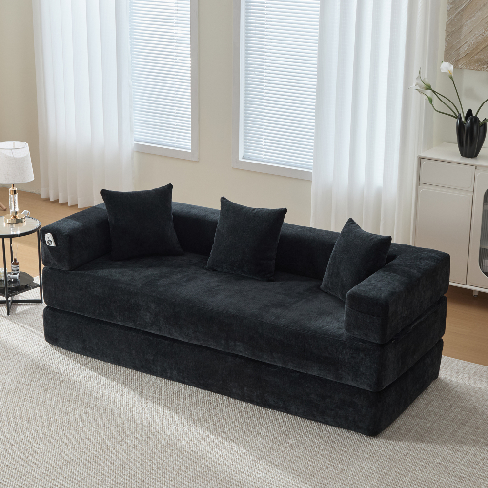 Sofá modular chenilla negro 4 plazas bolsillos antideslizante