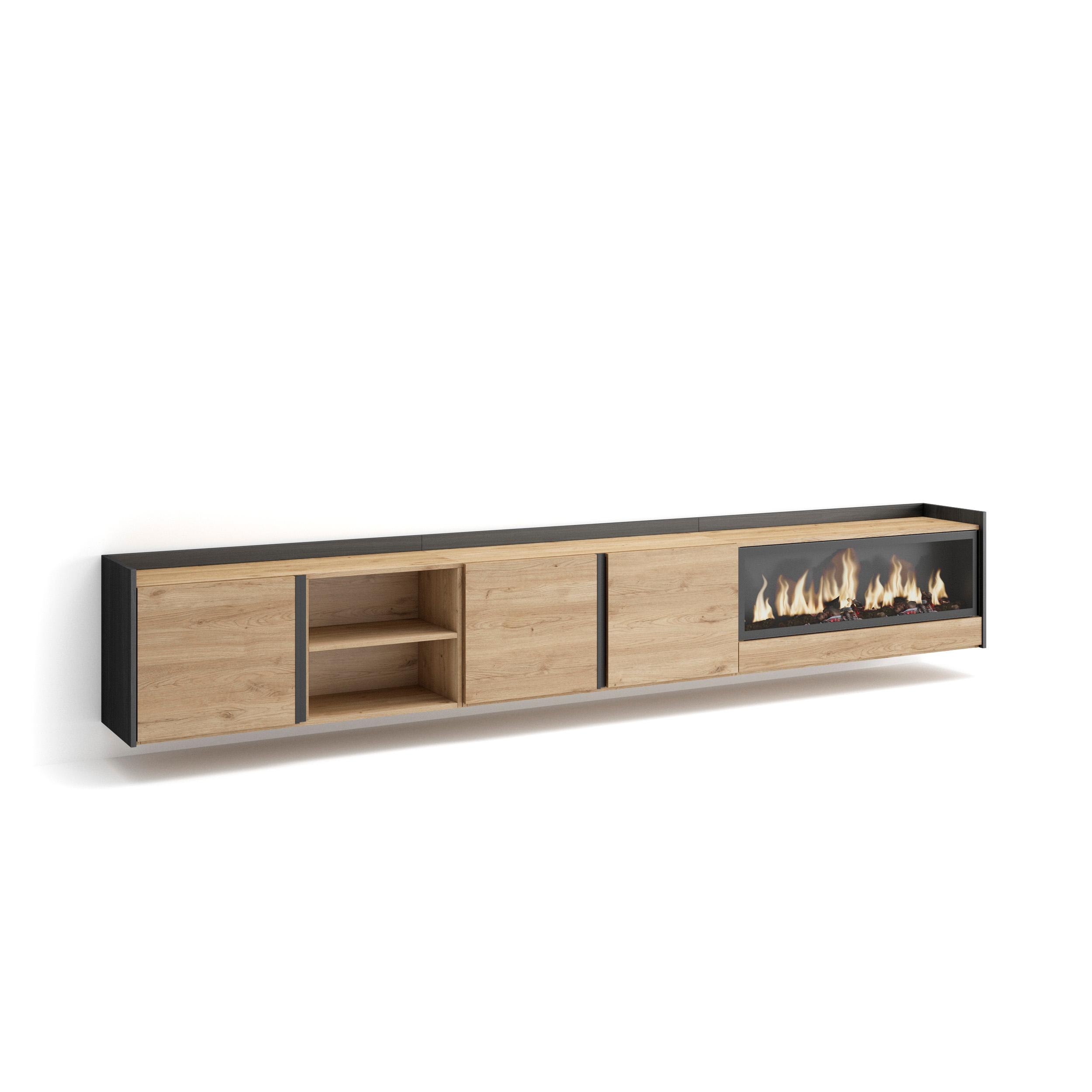 Mueble tv, 315x35x50cm, chimenea eléctrica xxl, colgado, suspendido rf4729
