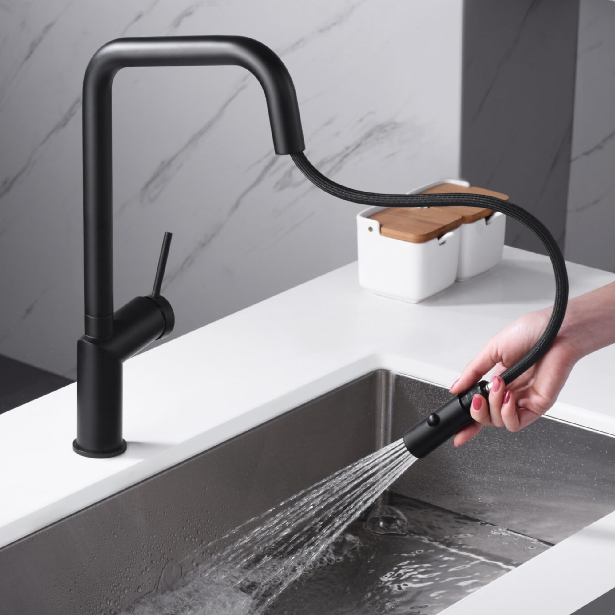 Imex - grifo monomando de cocina extraíble negro serie bonn