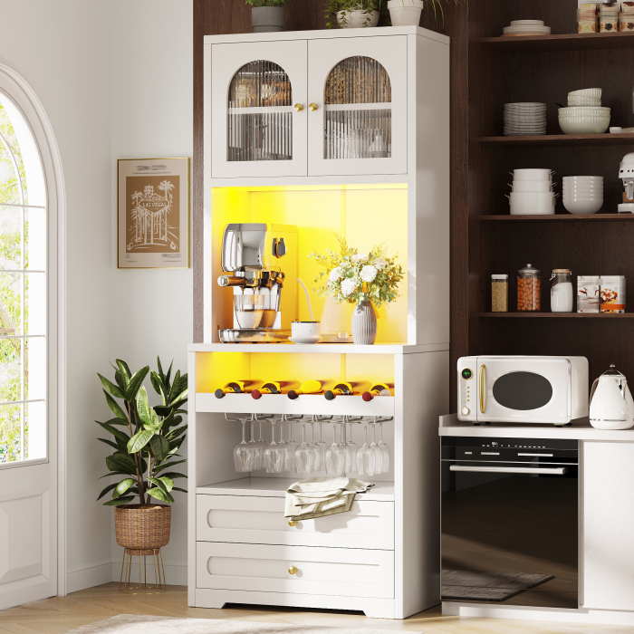 Armario alto blanco con puertas de cristal curvas y LED 180x70x40cm