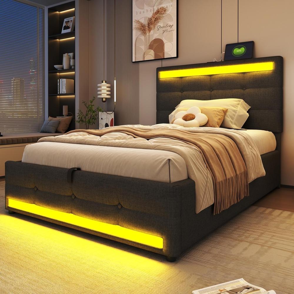 Cama infantil tapizada 90x200cm con usb LED gris