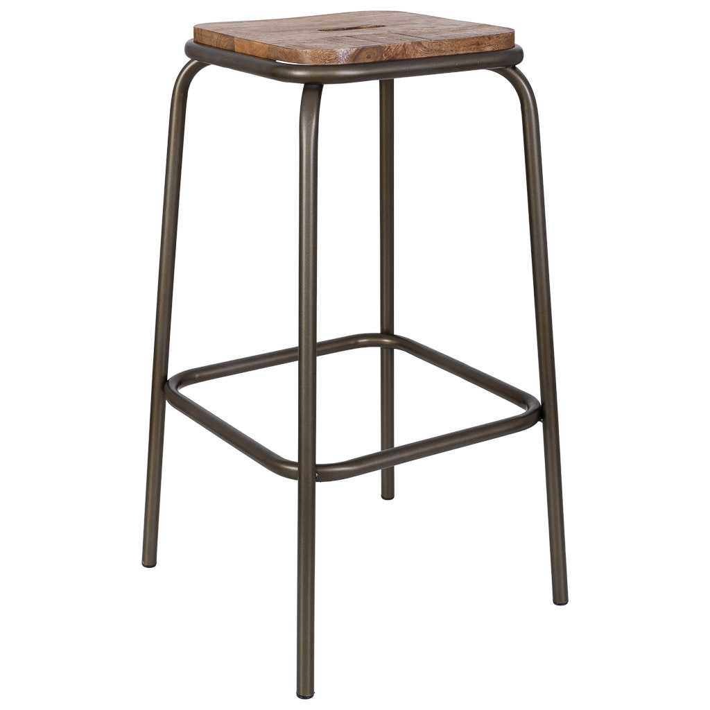 Taburete de madera artesanal y metal marrón y negro 40x40x69h cm