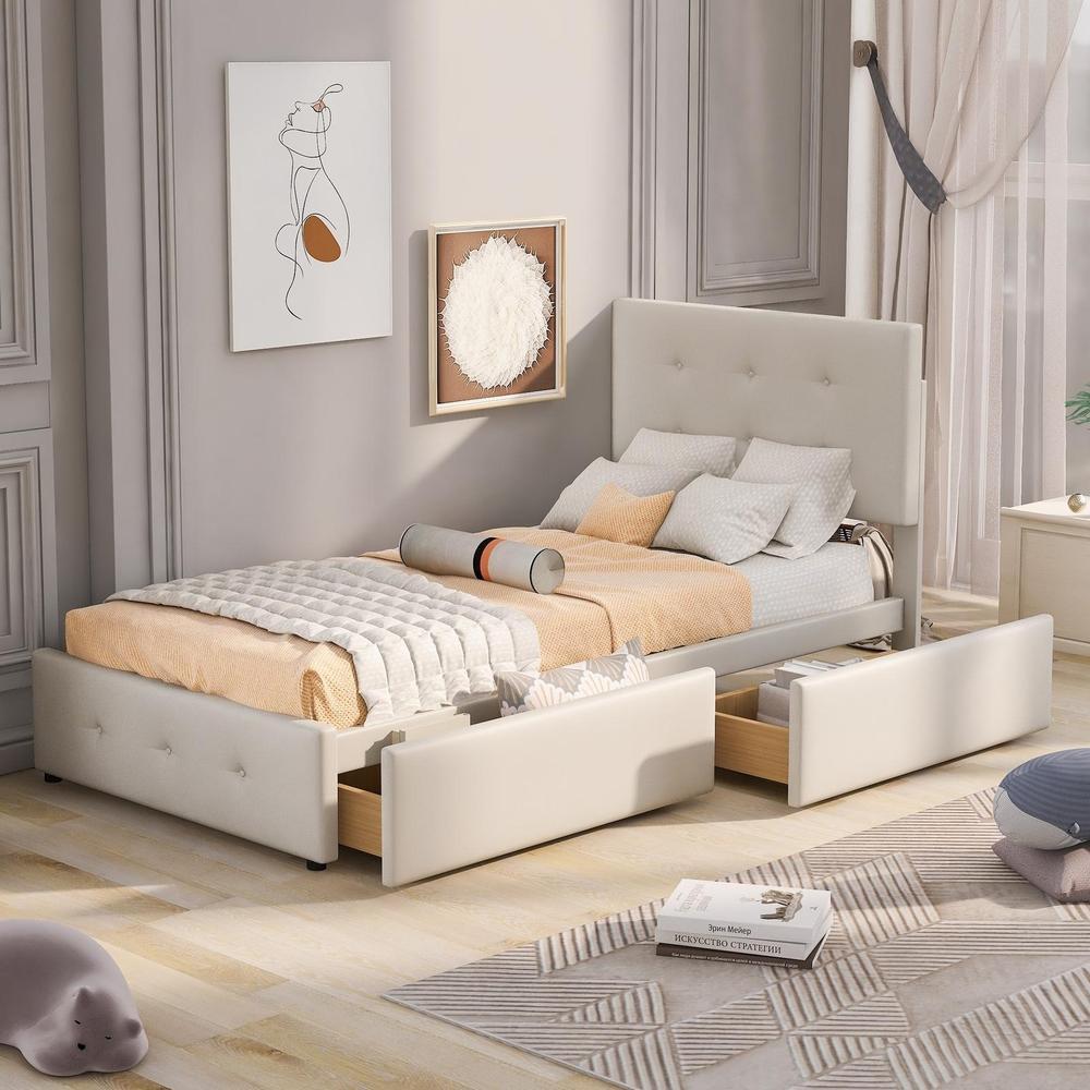 Cama individual 90x200cm con 2 cajones para niño, beige, sin colchón
