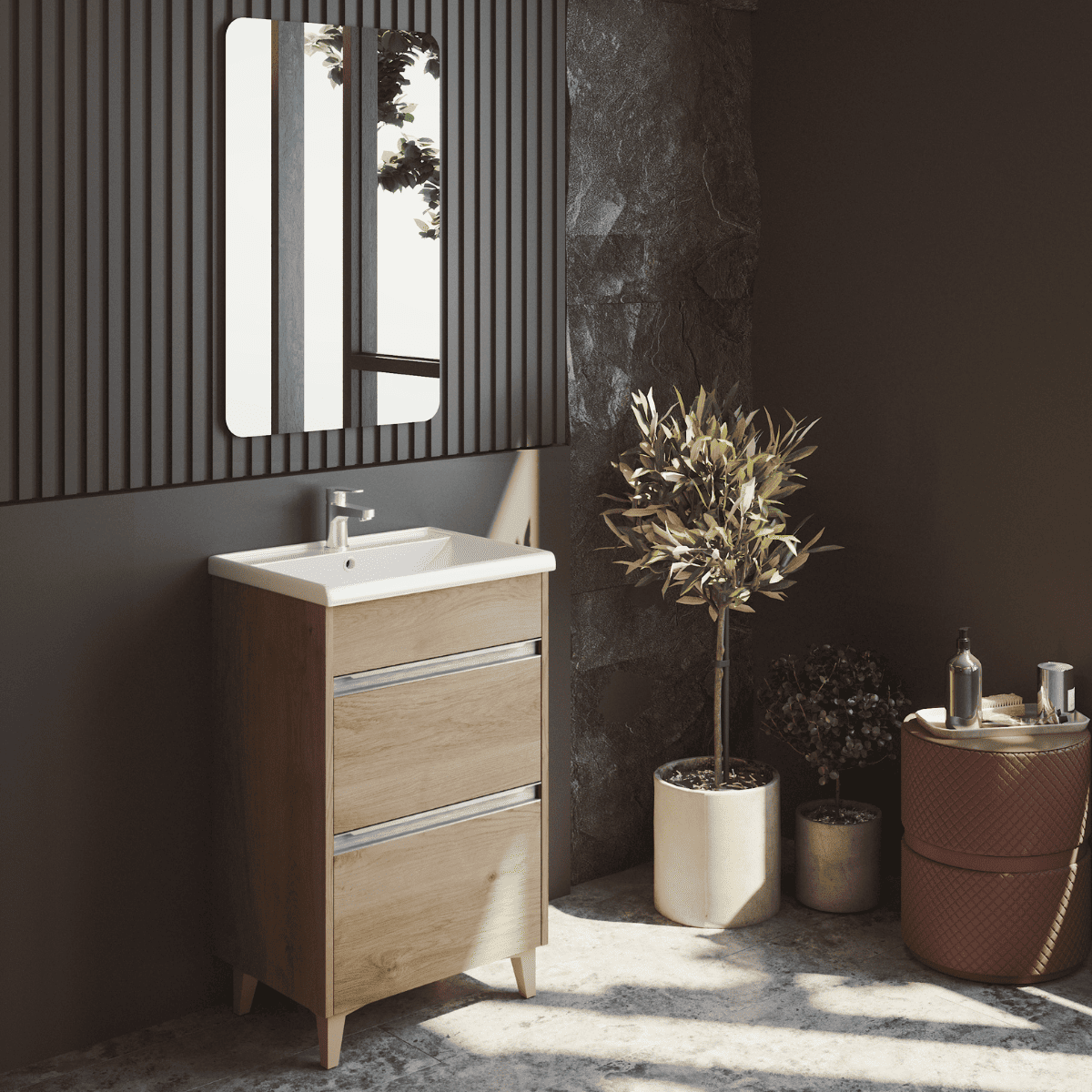 Mueble a suelo lavabo fondo reducido |2 cajones | 70 cm roble tir. Cromo