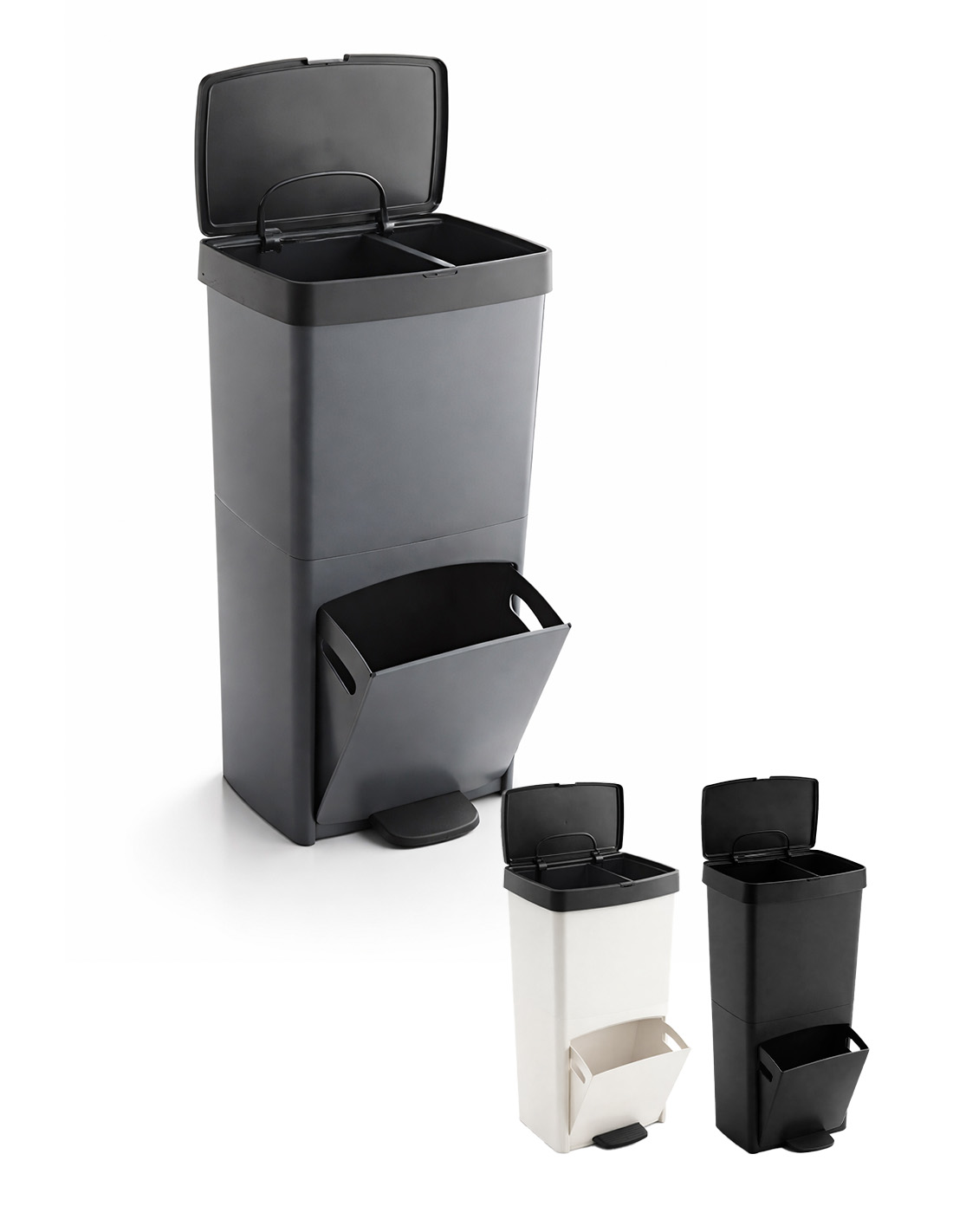 Cubo de basura para reciclaje triple 70l | 3 compartimento (Gris)