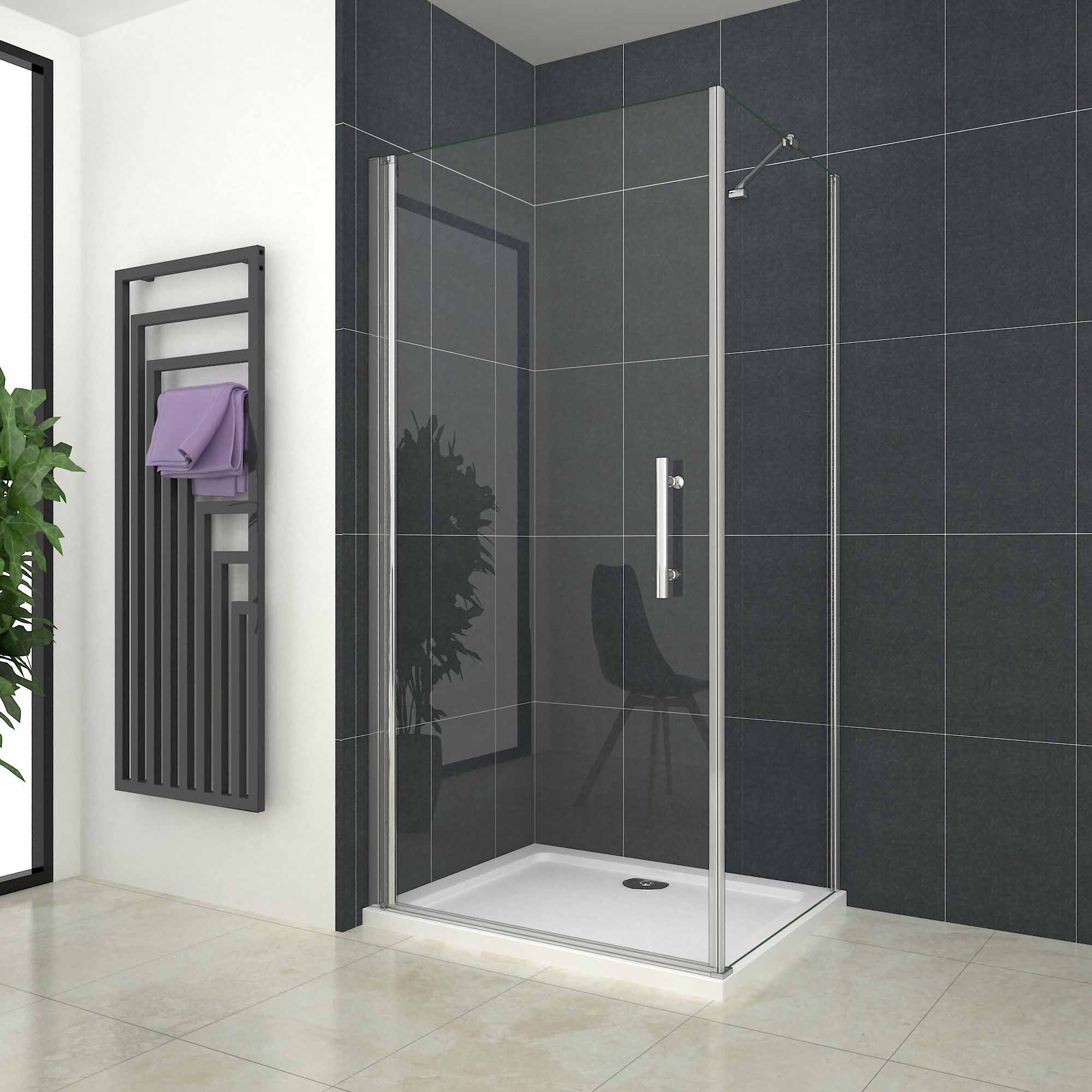 Mampara de ducha frontal abatible+panel lateral,barra 45cm,800x700x1950mm