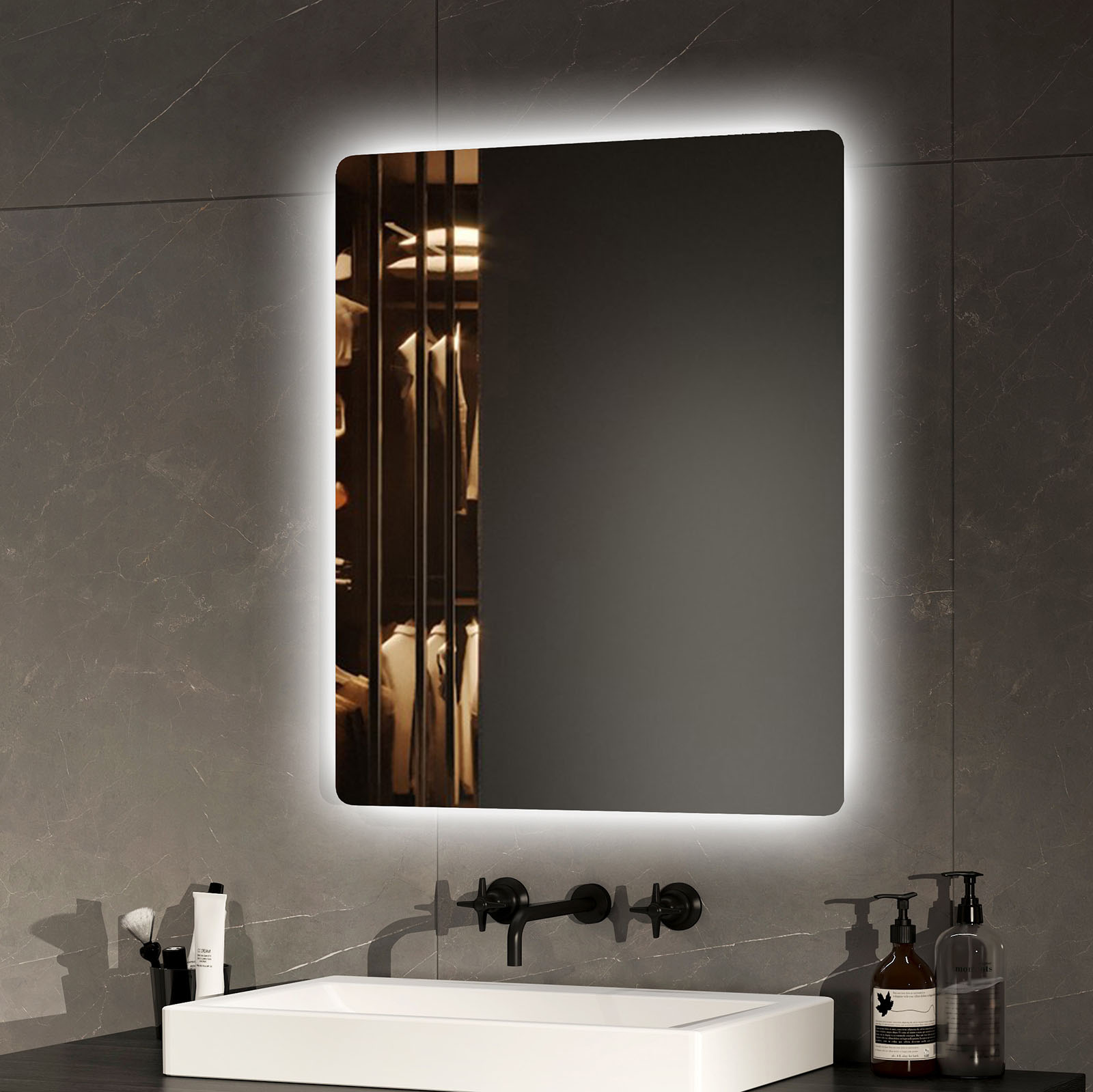 Emke espejo LED baño 50x60cm, mecánico, luz dual, antiniebla, ip44