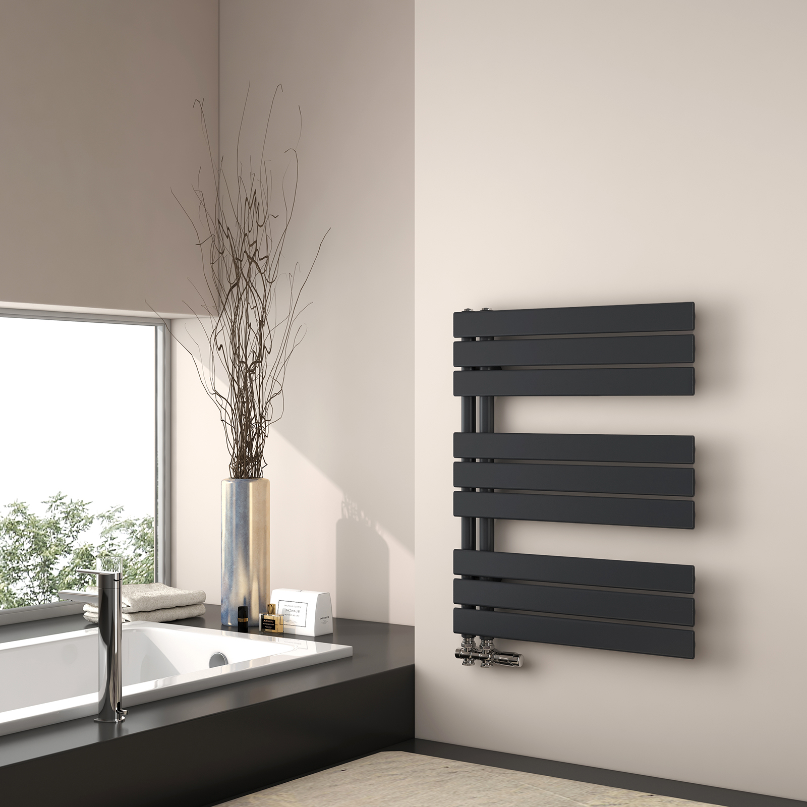 Emke radiador toallero agua caliente 76x60cm, panel negro mate, vertical