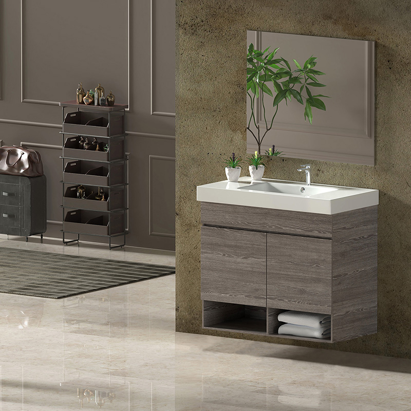 Mueble de baño nebari, lavabo y espejo 75x45cm con cajón roble smoky